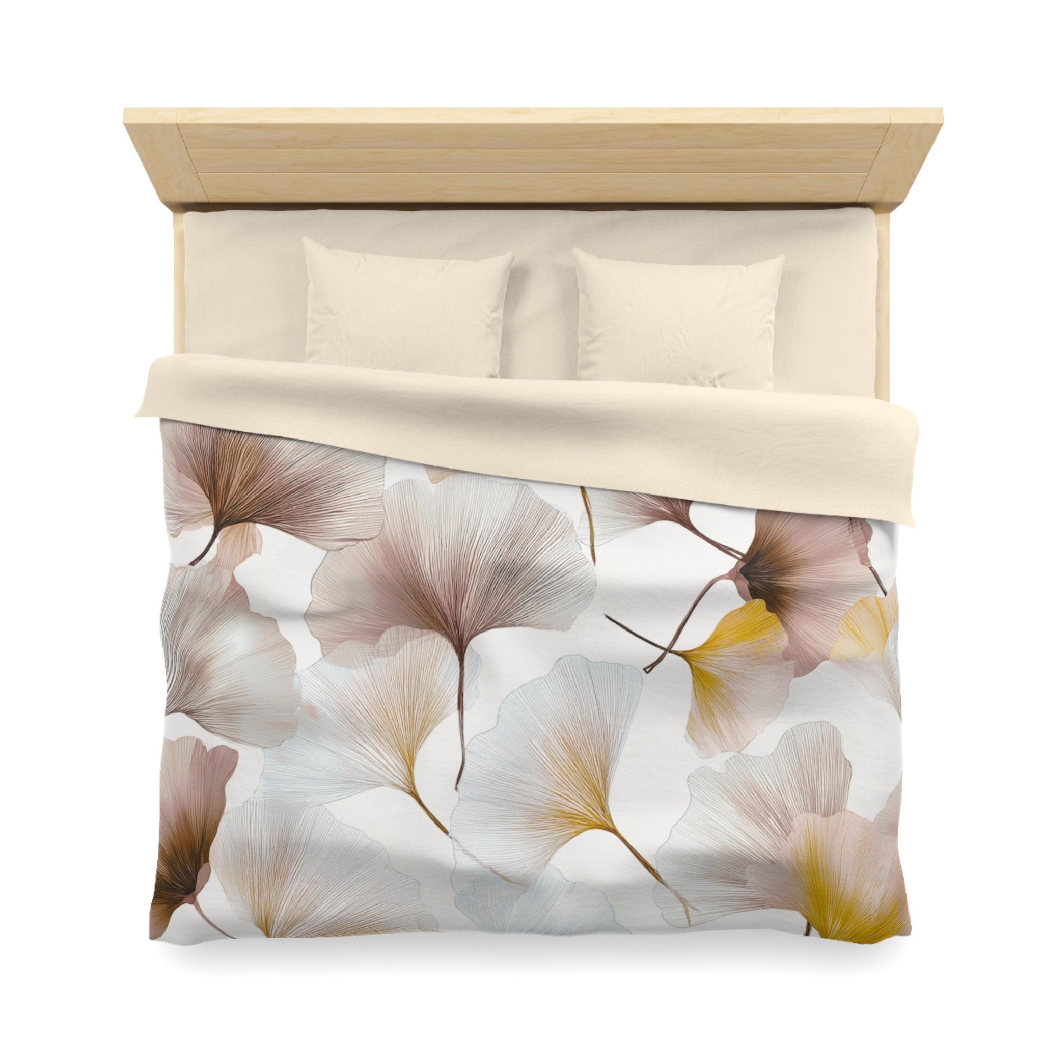 White and yellow floral duvet cover shown in a styled bedroom