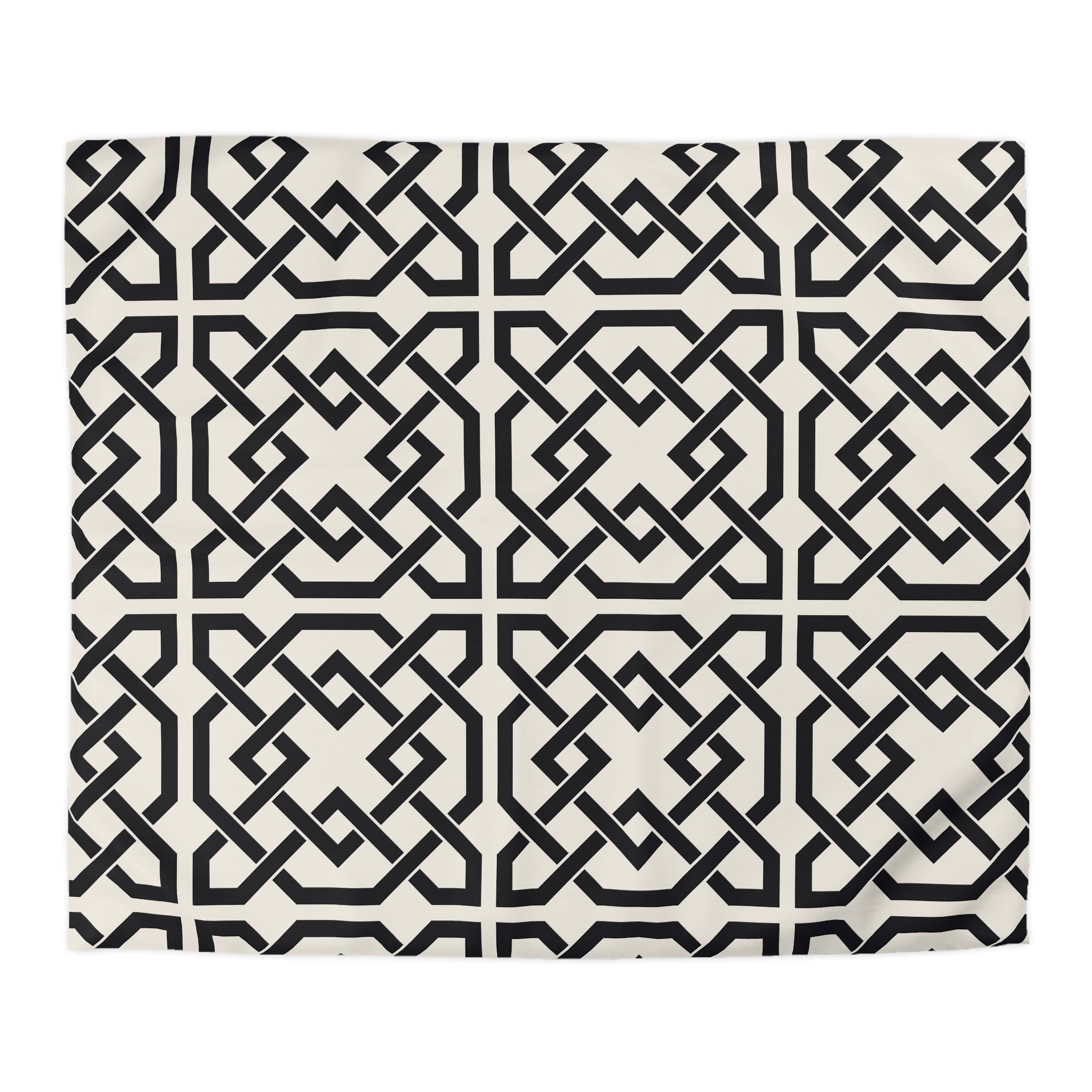 a repeating geometric pattern of interlocking black and white lines, creating a visually striking and symmetrical design.
