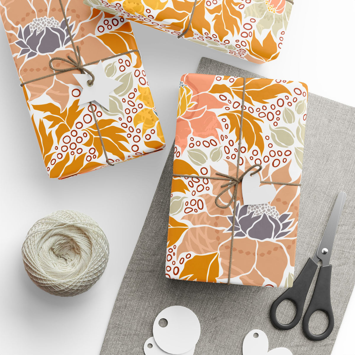 Mustard Peach Retro Floral Wrapping Paper, Fall Gift Wrap