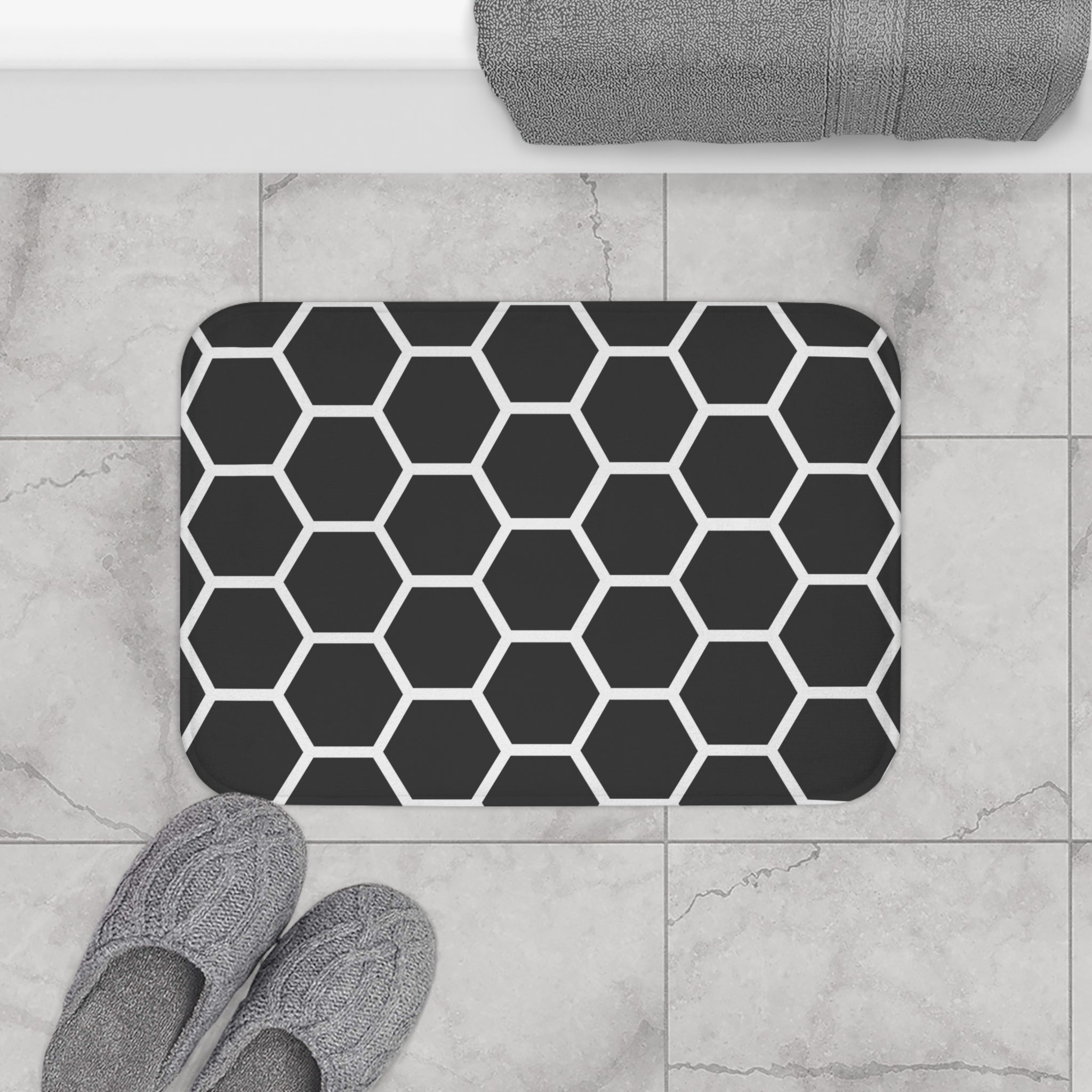 Boho Abstract Bath, Kitchen Mat, Rug | White Black Hexagon Geometric