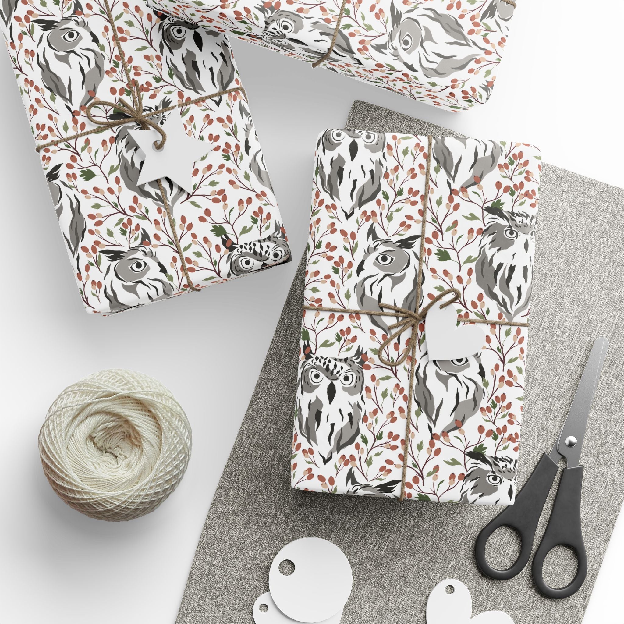 Abstract Owl Gift Wrapping Paper | White Rust Grey Wrap for the Holidays, Birthdays