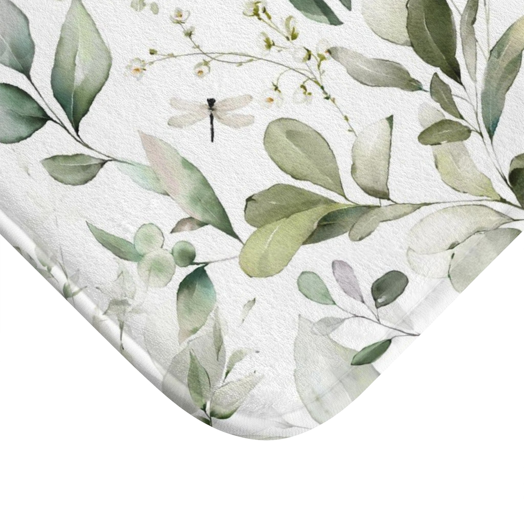 Floral Boho Bath, Kitchen Mat, Rug | White Sage Green Eucalyptus Leaves