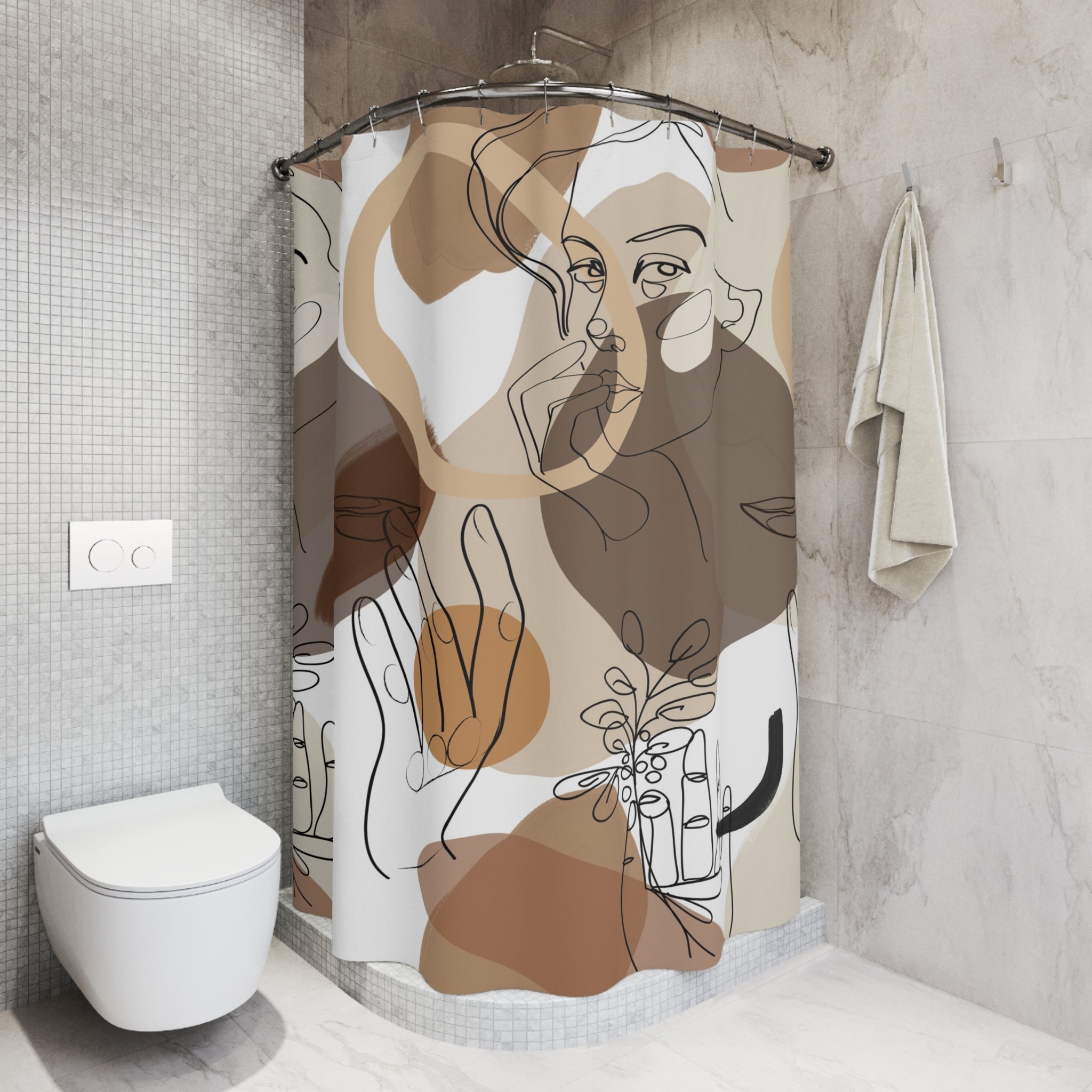 Boho Shower Curtain | Neutral Earthy Line Art