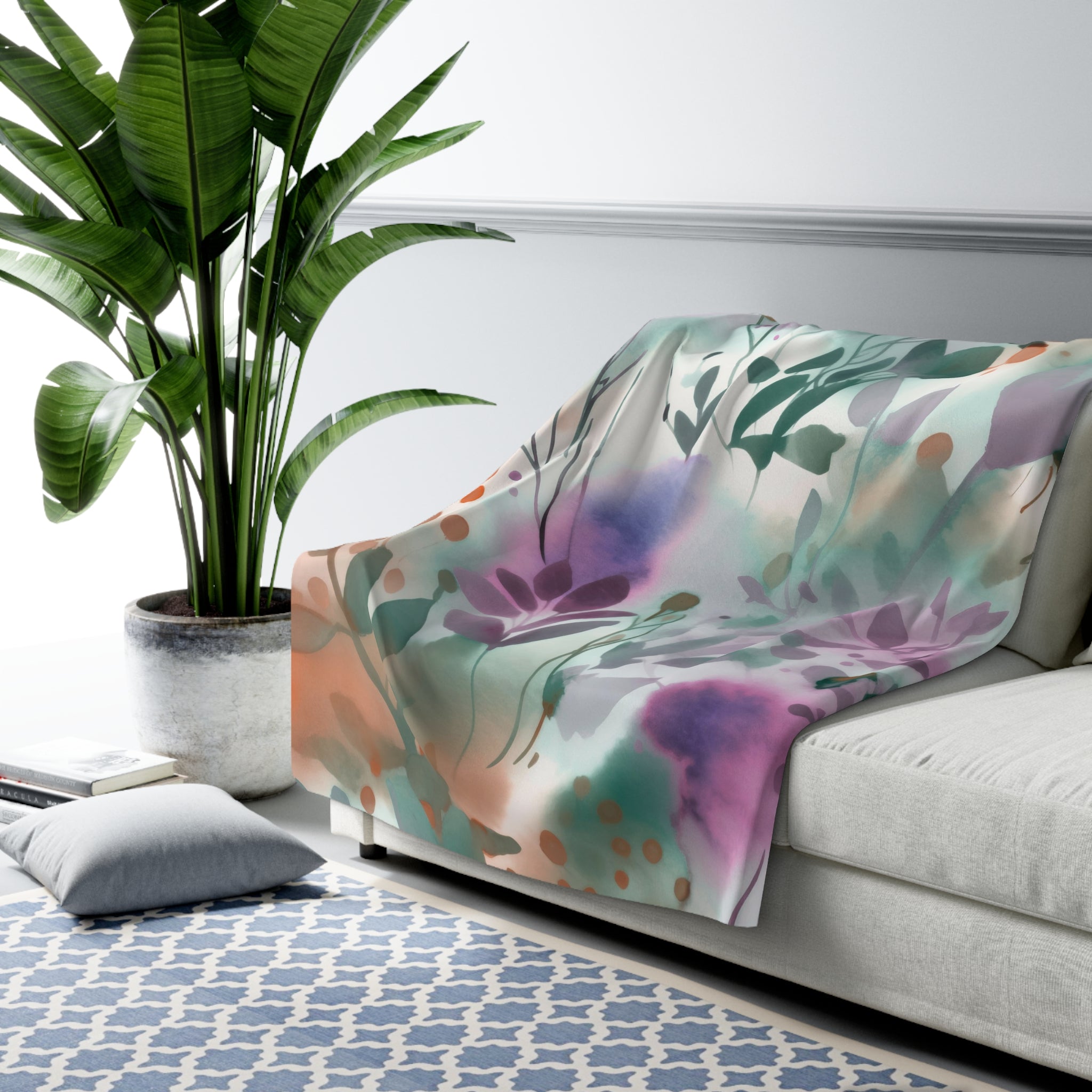 Abstract Floral Throw Blanket | Green Lilac Watercolor