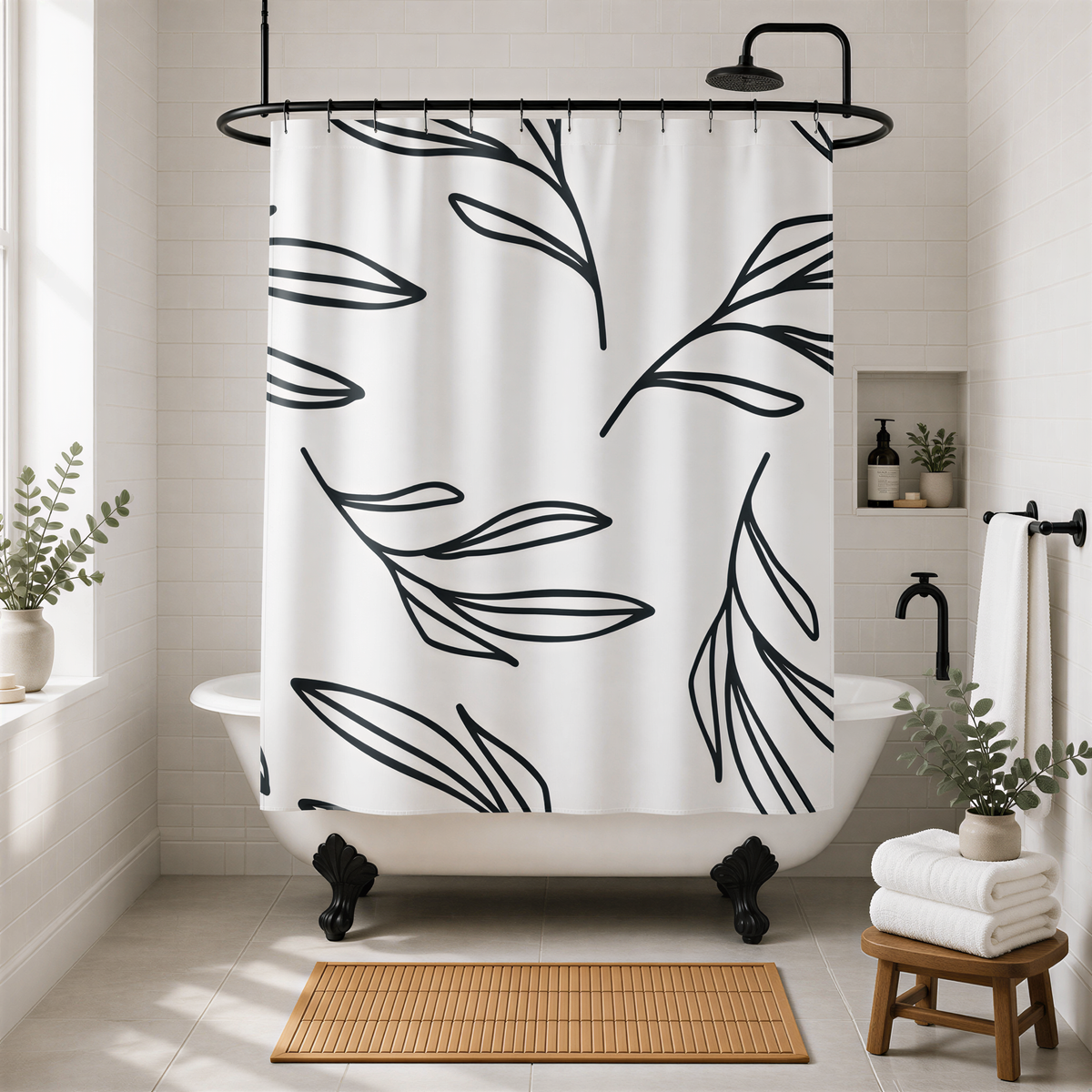 A modern bathroom with a white bathtub, a shower curtain with a black leaf pattern, and various decorative elements such as potted plants and a wooden stool.