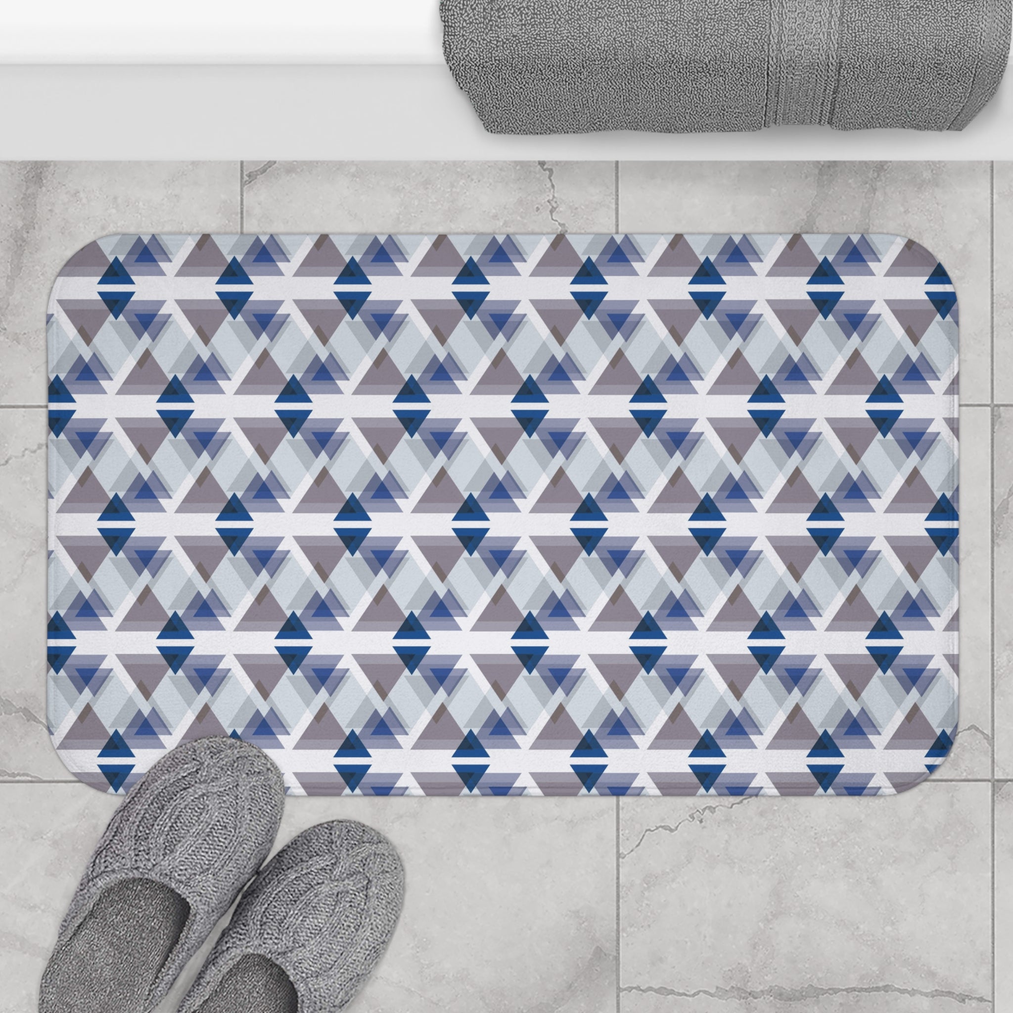 Geometric Bath Mat | Blue White Taupe Kitchen Mat