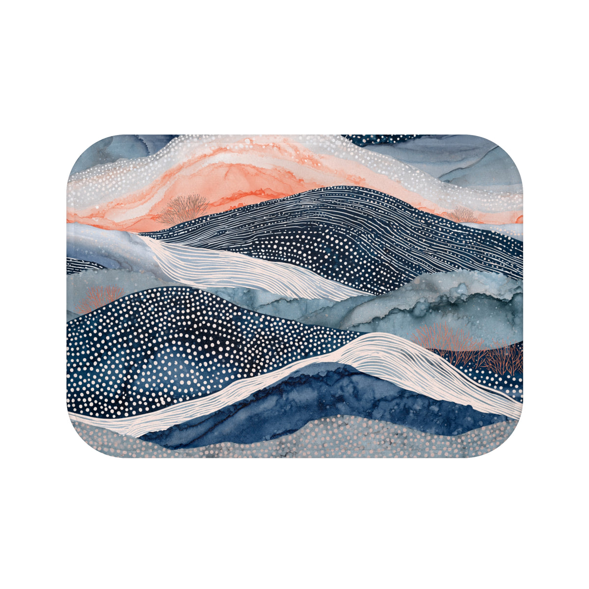 The image is a vibrant abstract landscape featuring a variety of colors and patterns, including shades of blue, orange, and white. The composition is dynamic and visually engaging, with a sense of movement and energy.
