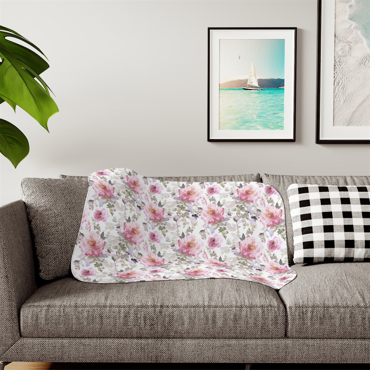 Pink Watercolor Peony Sherpa Blanket | Blush Sage Floral Throw