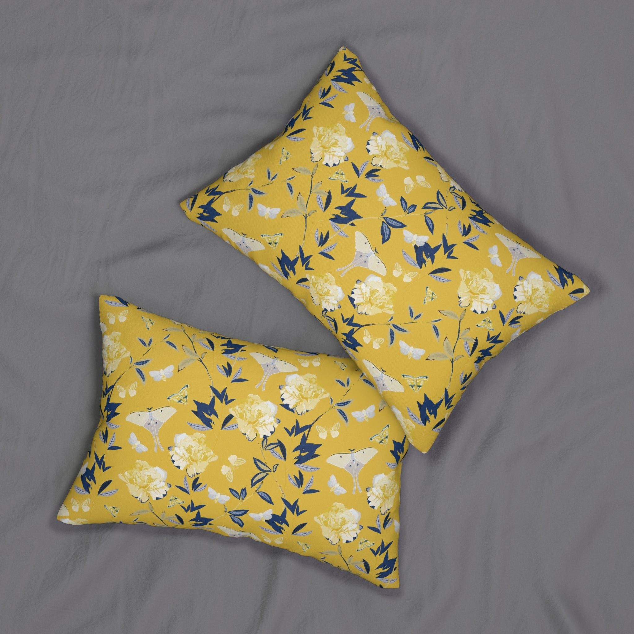 Floral Lumbar Pillow | Yellow Navy Blue Leaves, Butterflies, Botanical
