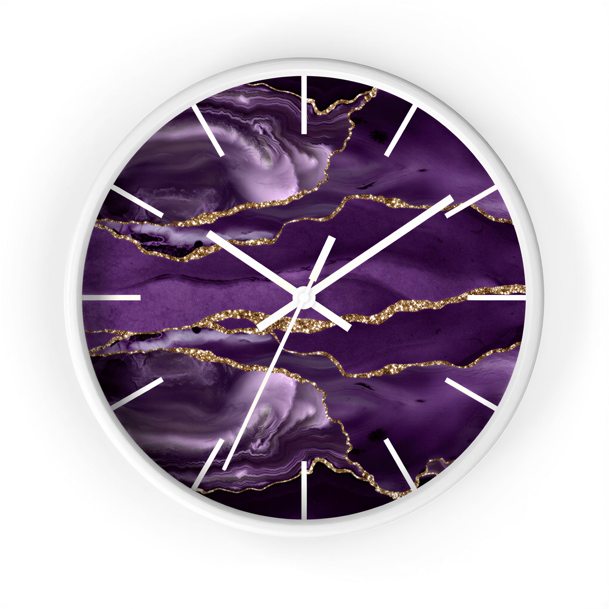 Marble Print Wood Wall Clock Purple Gold 10 inch