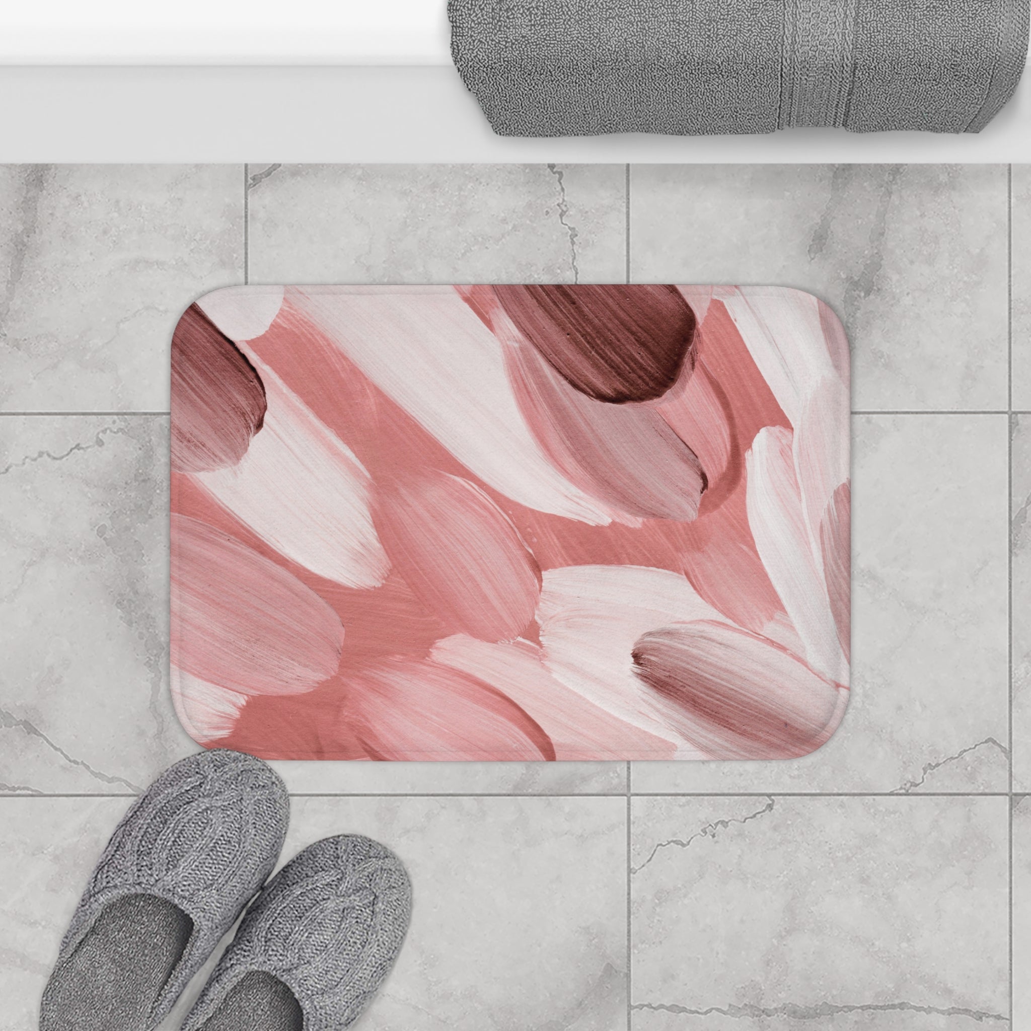 Abstract Bath Mat | Blush Rose Pink, White Kitchen Mat