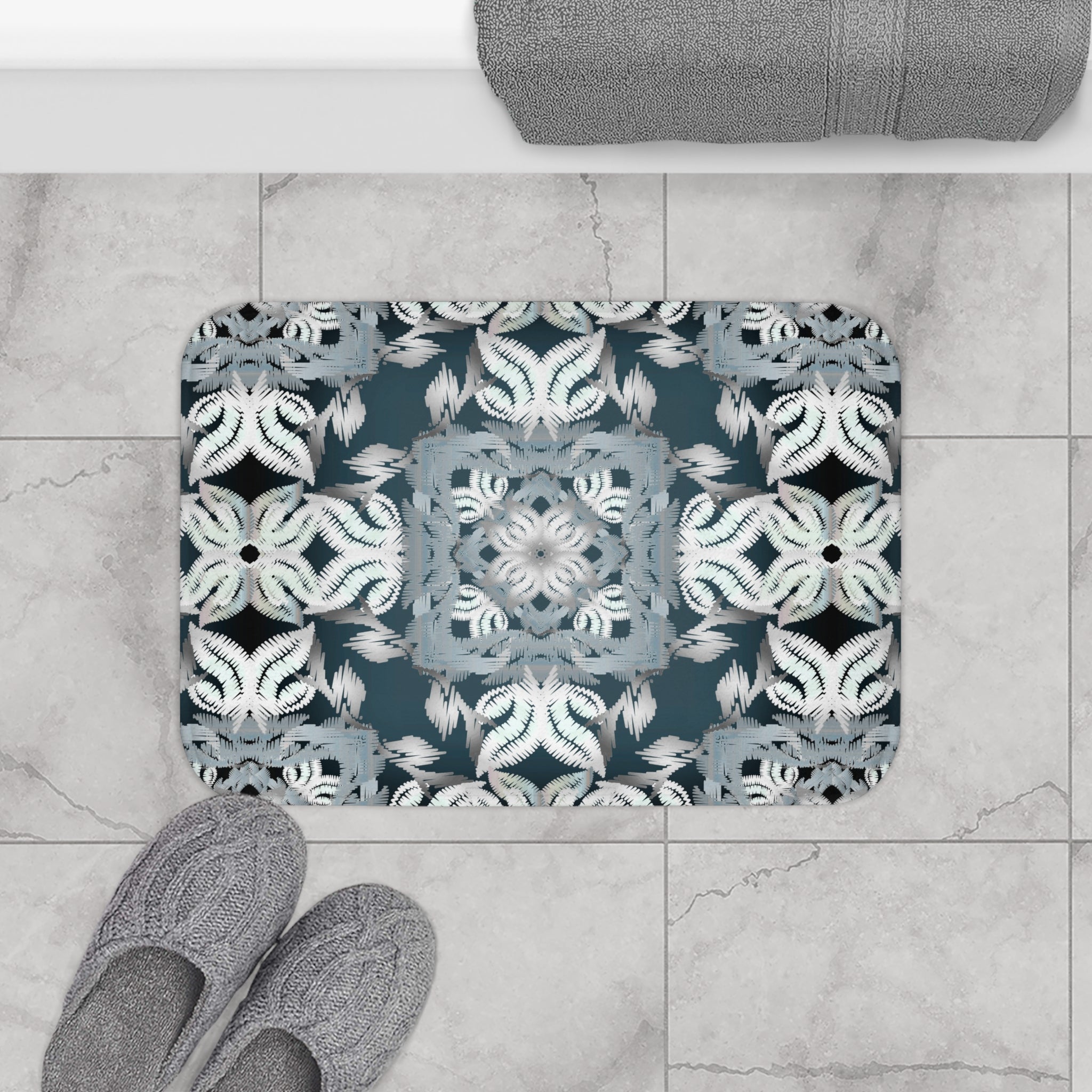 Geometric Moroccan Bath Mat | Grey Blue White Kitchen Mat