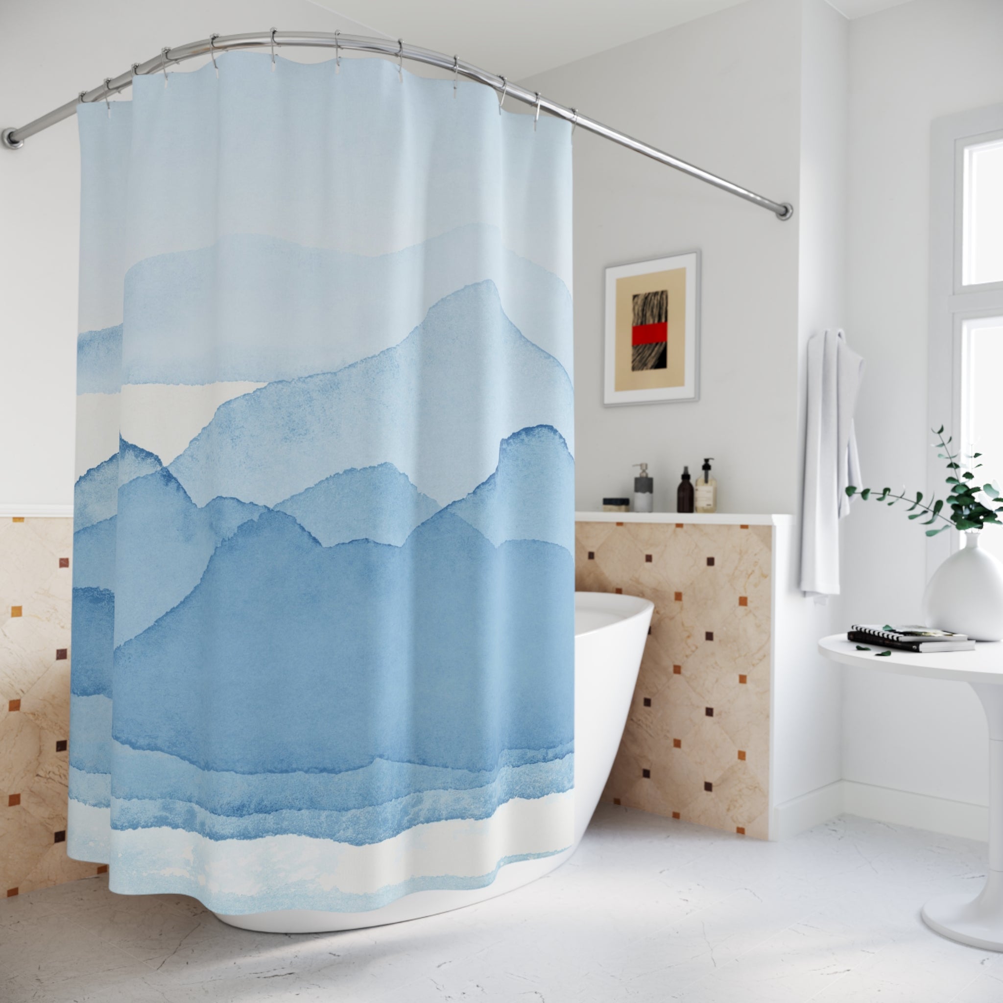 Abstract Watercolor Shower Curtain | Sky Blue Landscape Bathroom Decor