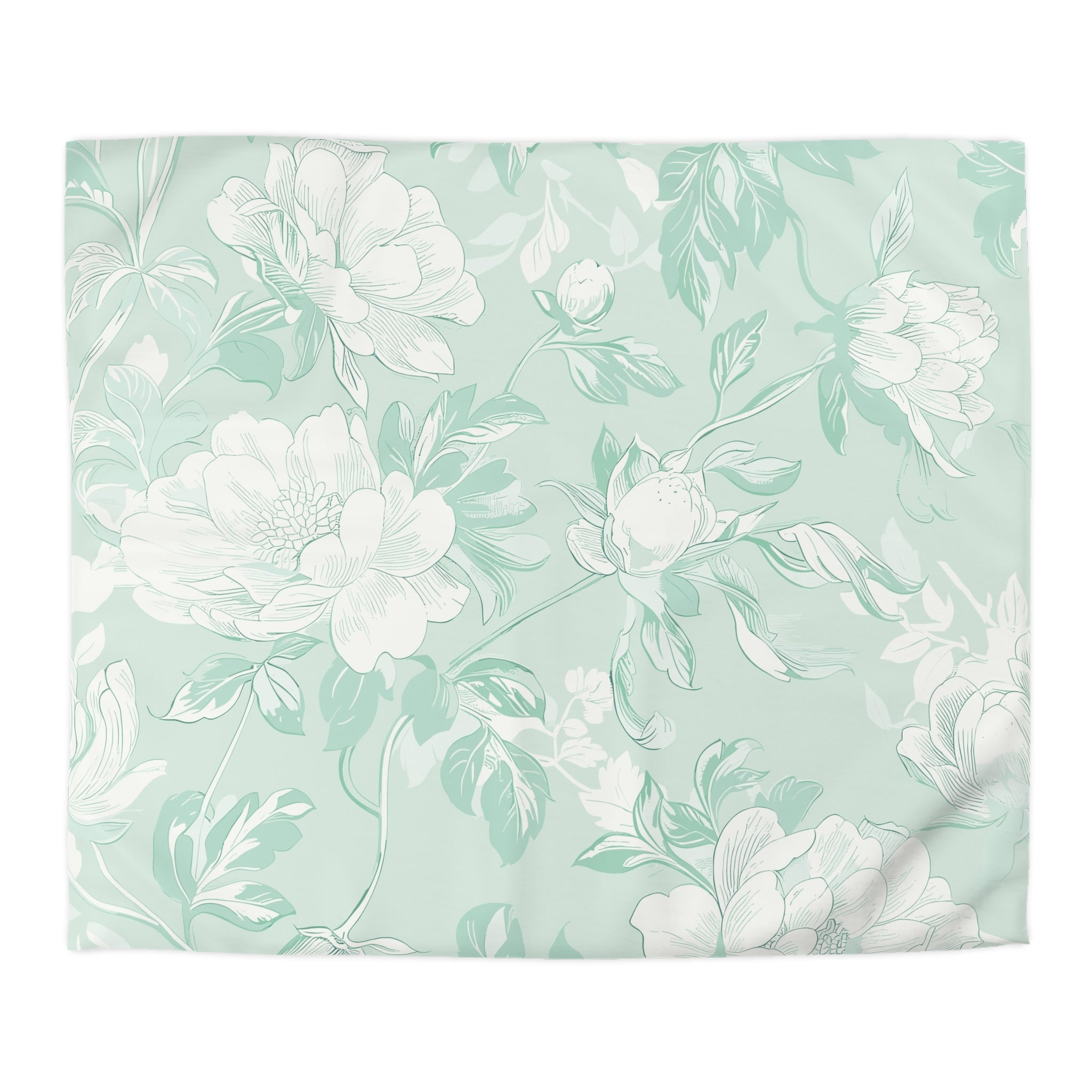 a repeating floral pattern with white flowers and leaves against a light green background.