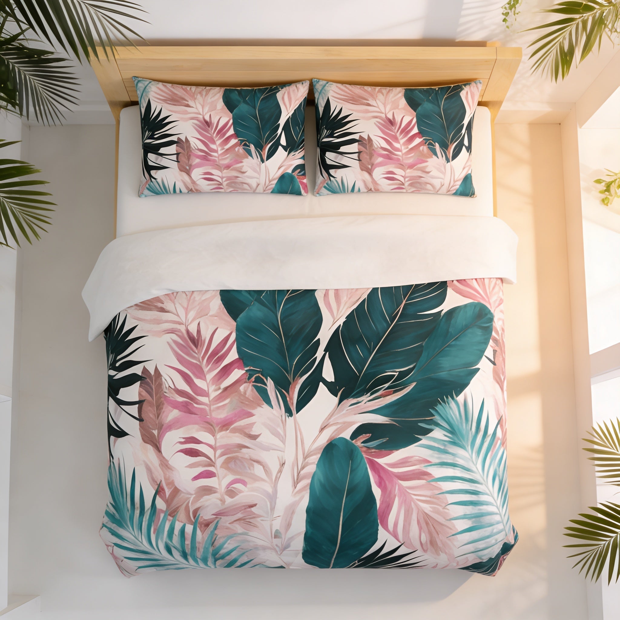 a bed with a white comforter and pillows decorated with a tropical leaf pattern in shades of pink, green, and blue.