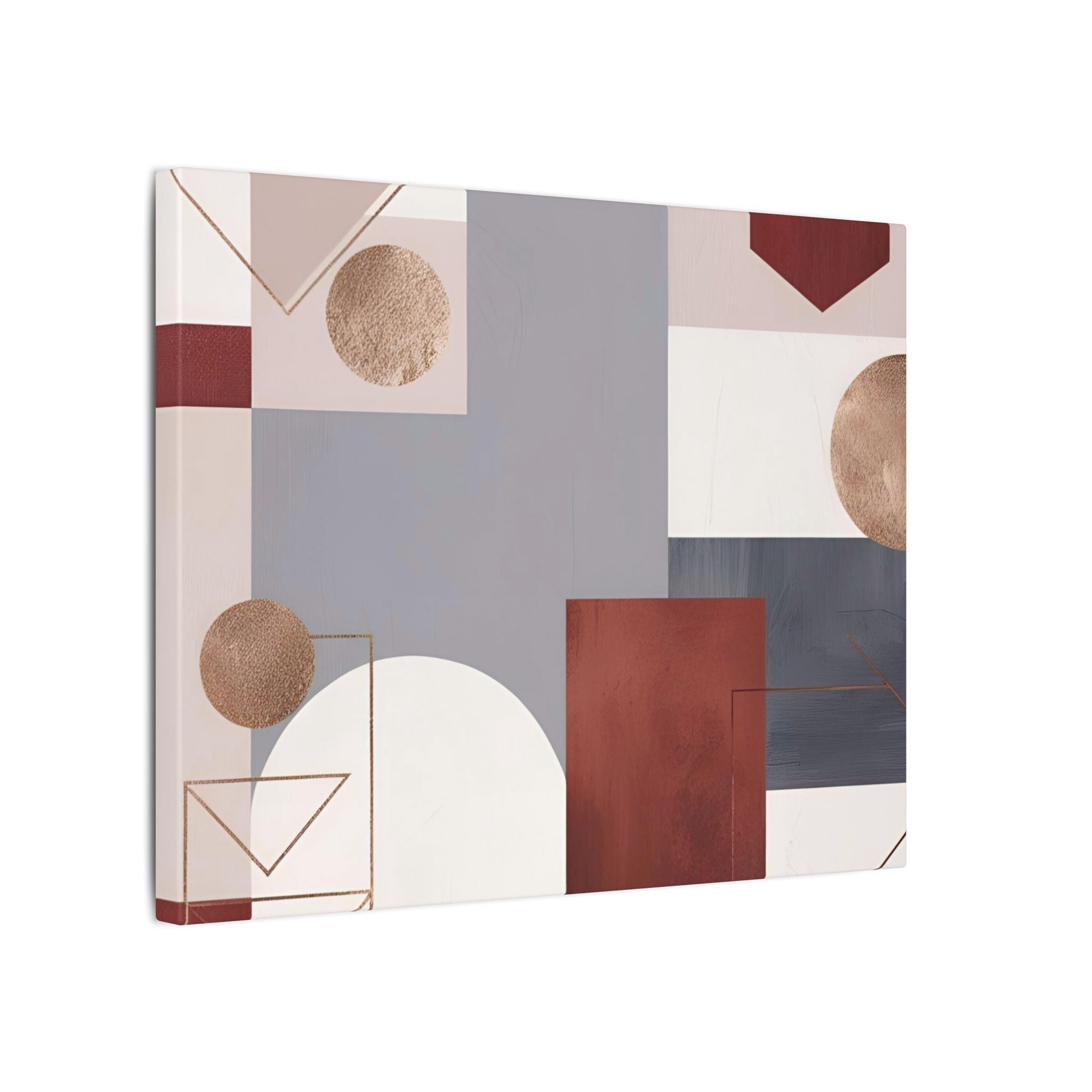 The image is a modern abstract artwork featuring a variety of geometric shapes and patterns in shades of gray, red, and white.