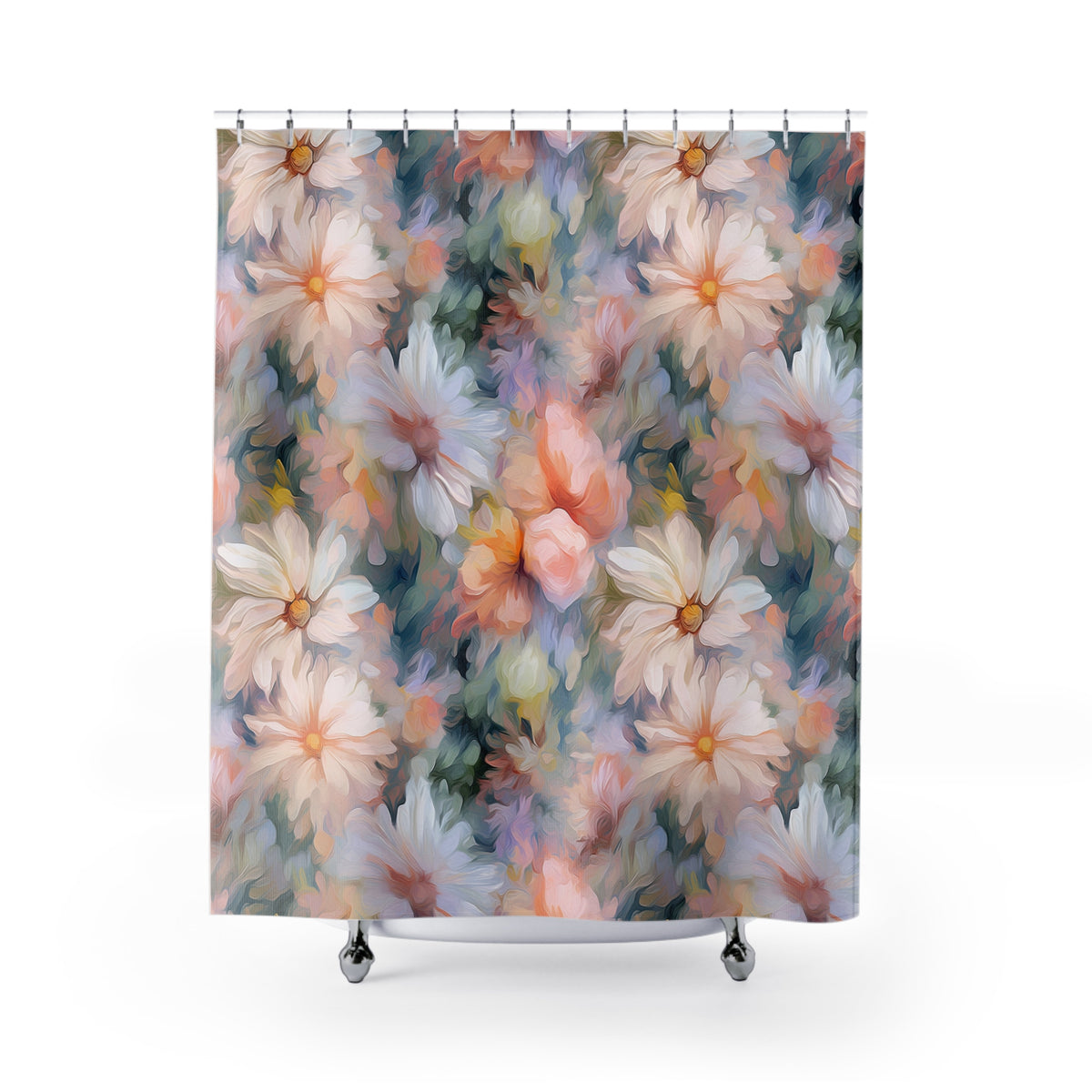 a vibrant and colorful floral pattern, with a variety of flowers in shades of pink, white, and orange. The flowers are arranged in a visually appealing manner, creating a lively and cheerful atmosphere.