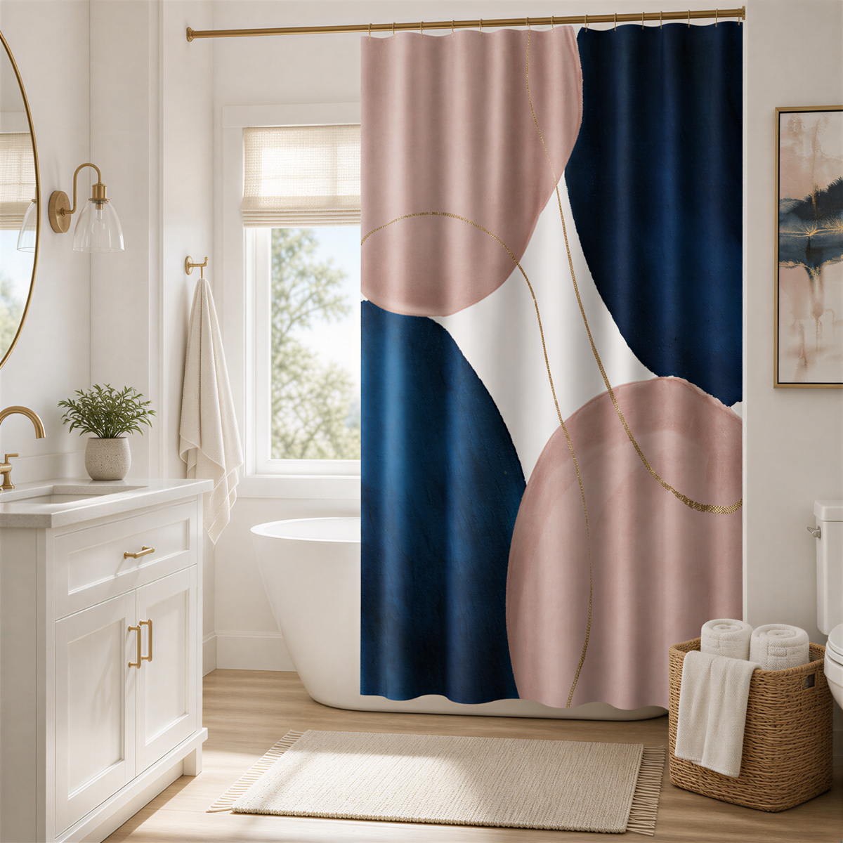 a modern bathroom with a white vanity, a large window, and a colorful abstract shower curtain featuring pink and blue circles.