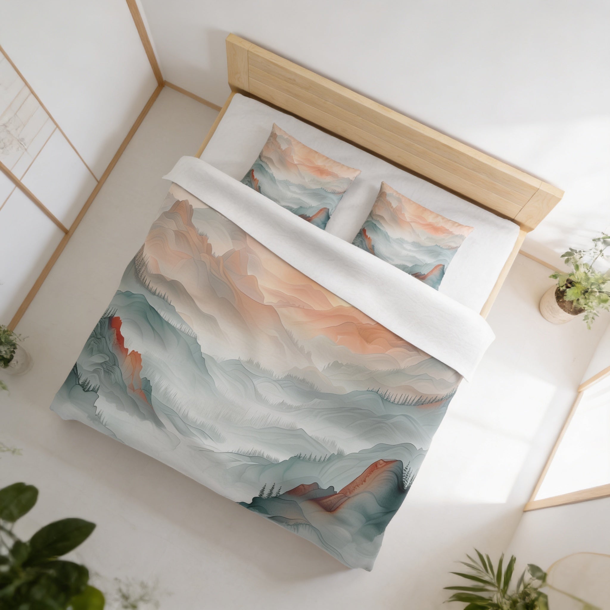 a bedroom with a bed featuring a colorful mountain landscape print on the comforter and pillows. The room has a minimalist and modern design, with a wooden headboard and white walls.