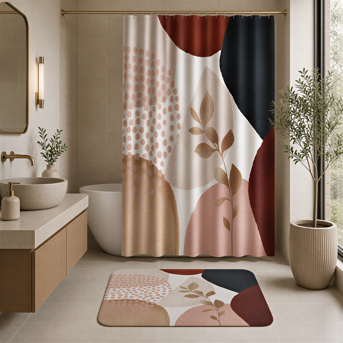 a modern bathroom with a large abstract shower curtain featuring a mix of pink, red, and black colors. The bathroom is well-decorated with a large window, a sink, a bathtub, and a potted plant.