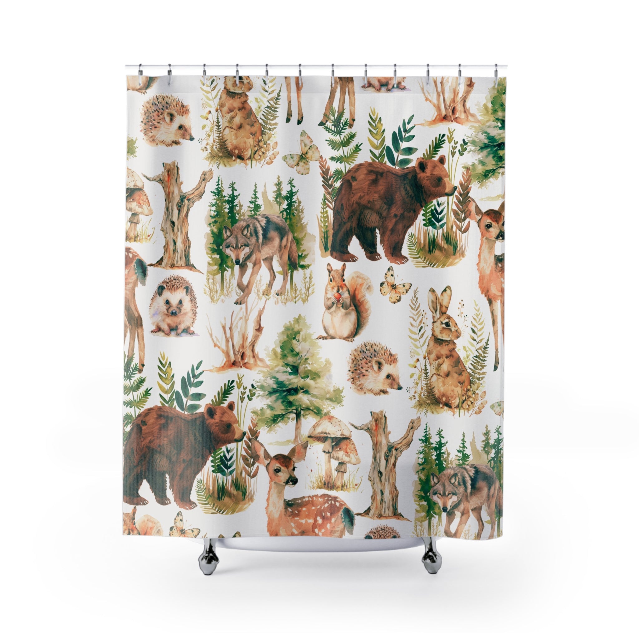 Boho Shower Curtain | Forest Wild Animals, Nature Beige Green
