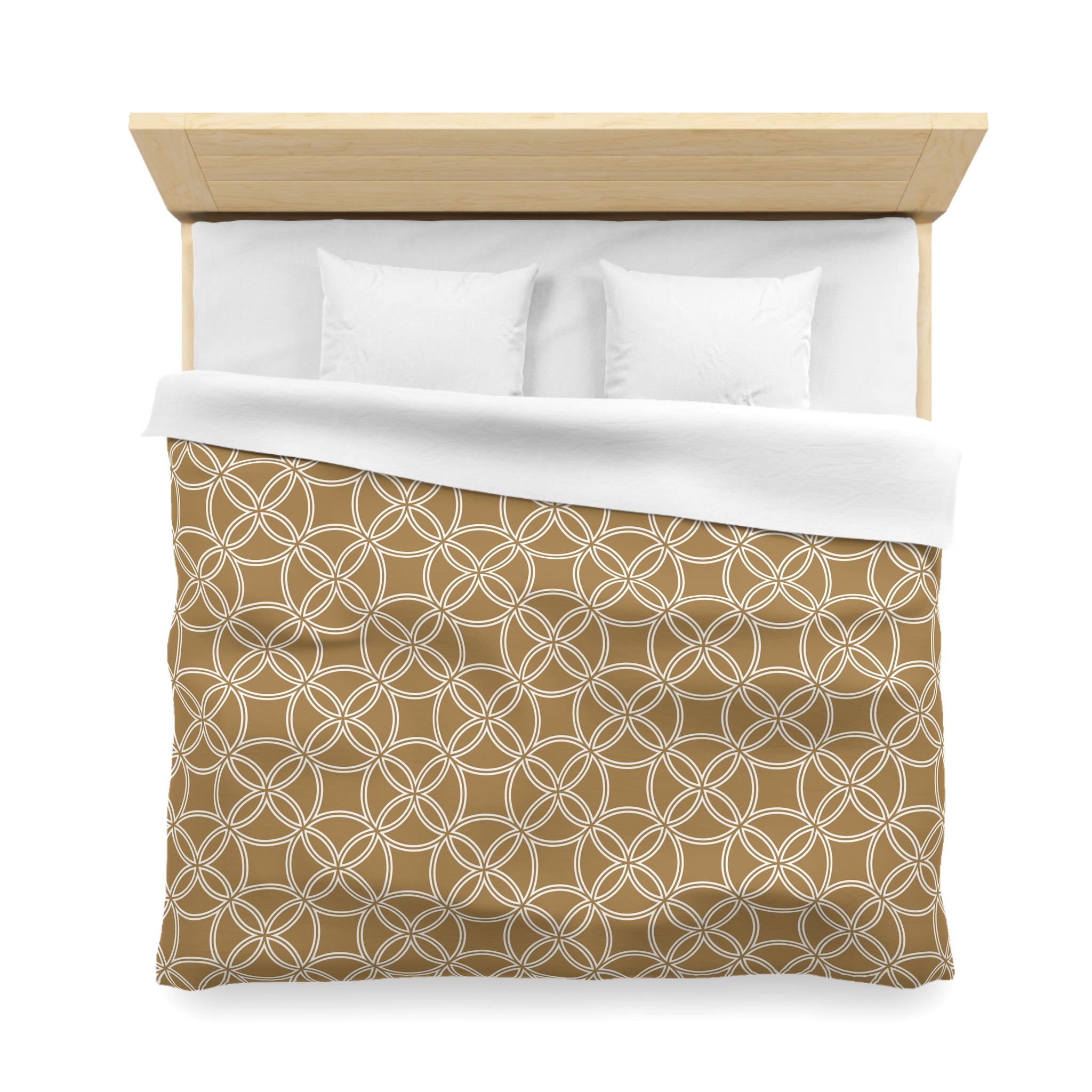 a neatly made bed with a wooden headboard and a white comforter featuring a repeating pattern of circles.