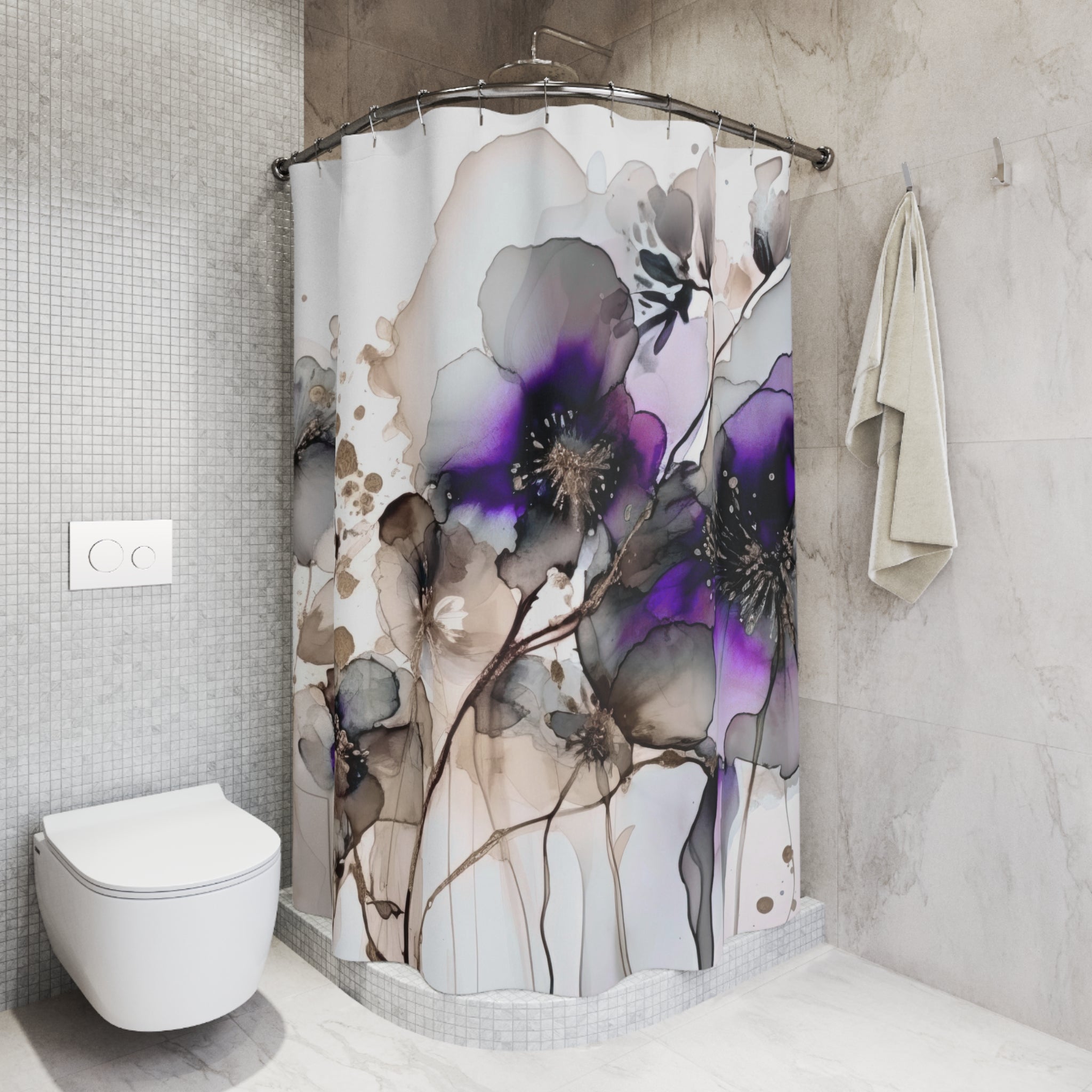 a bathroom with a shower curtain adorned with a floral design in shades of purple and gray. The shower curtain is hanging on a rod next to a towel. The bathroom also includes a toilet and a sink.