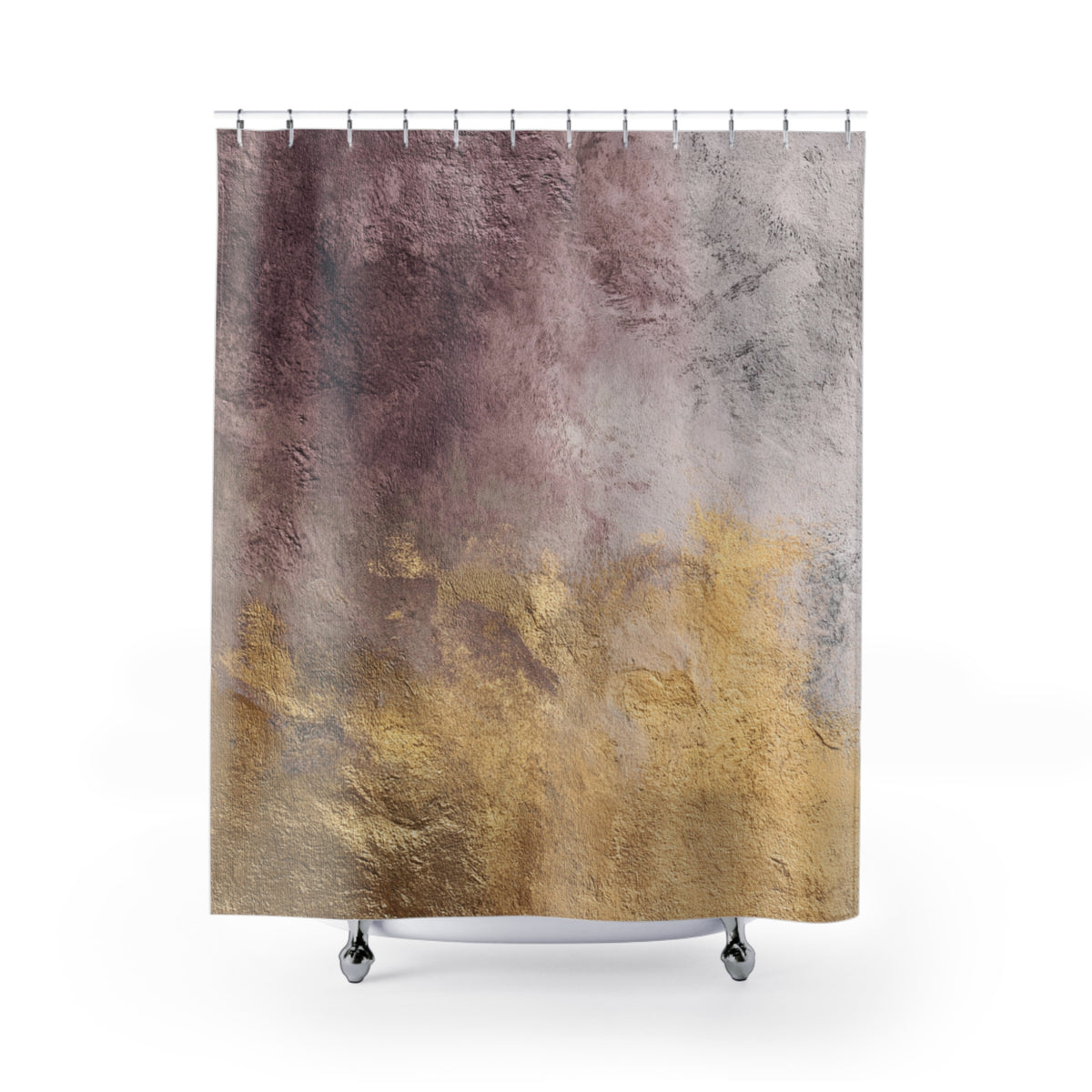 a shower curtain with a textured design in shades of purple and gold.