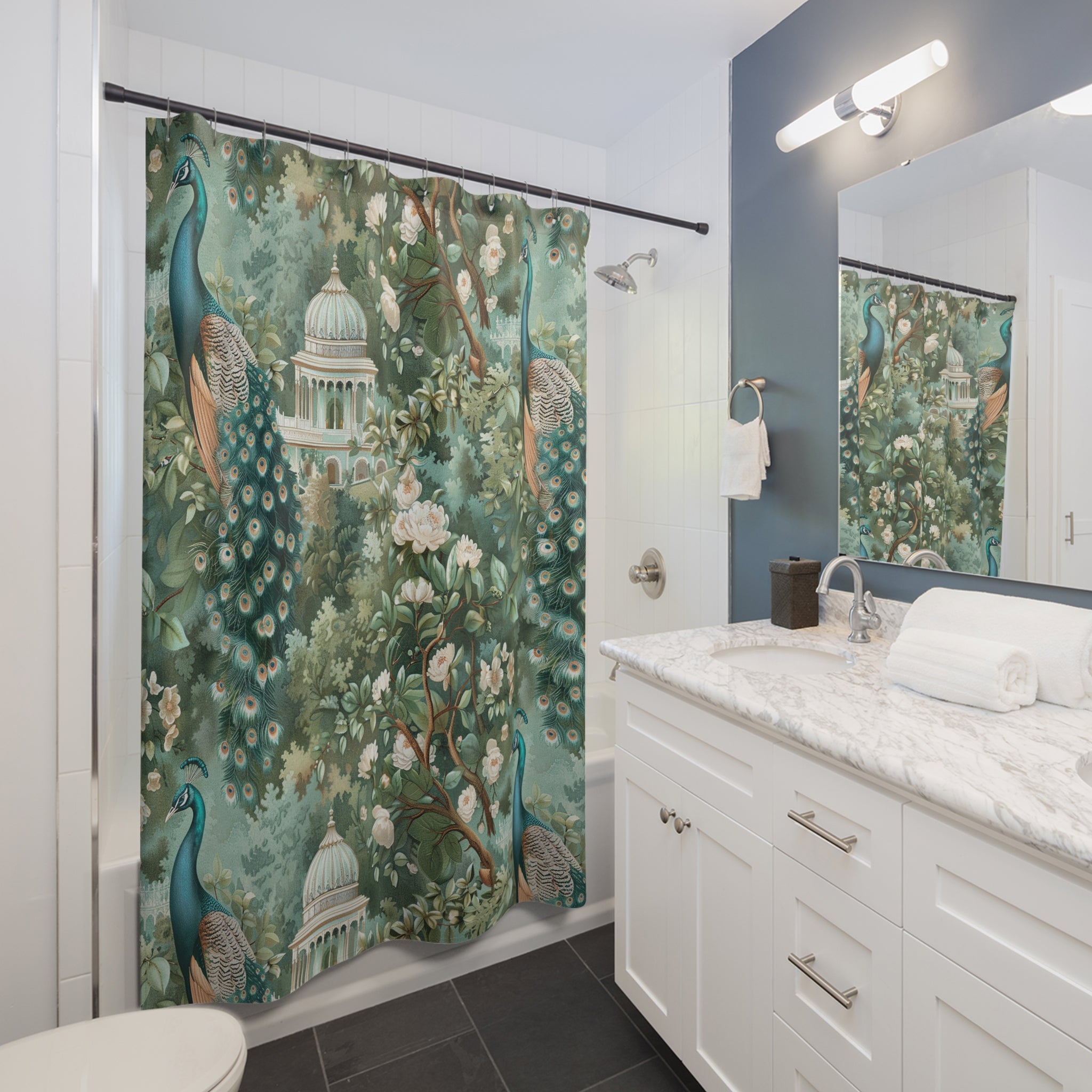 Vintage Shower Curtain | Peacock Forest Floral Botanical