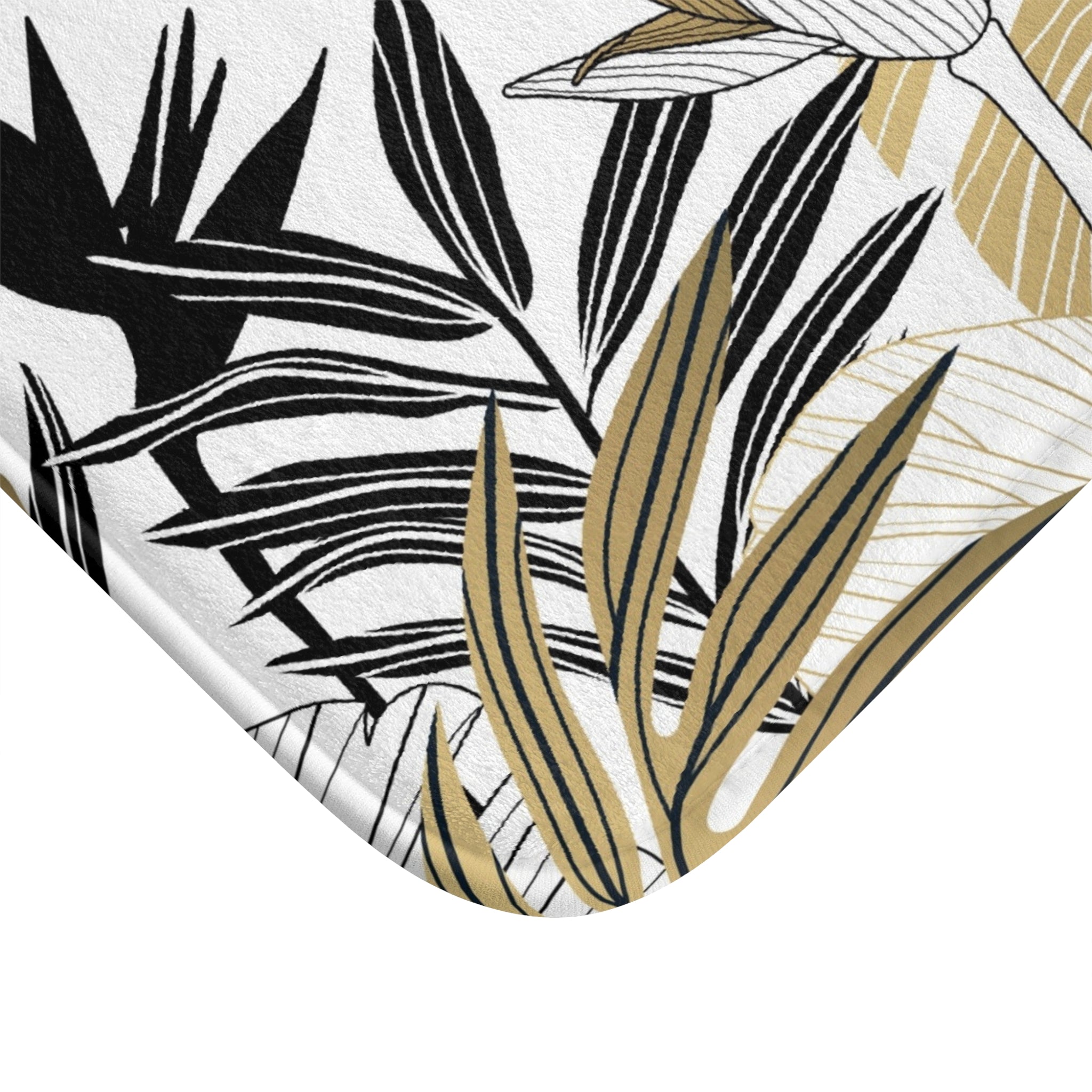 Abstract Boho Floral Bath Mat | White Black, Beige Jungle Leaves Kitchen Mat