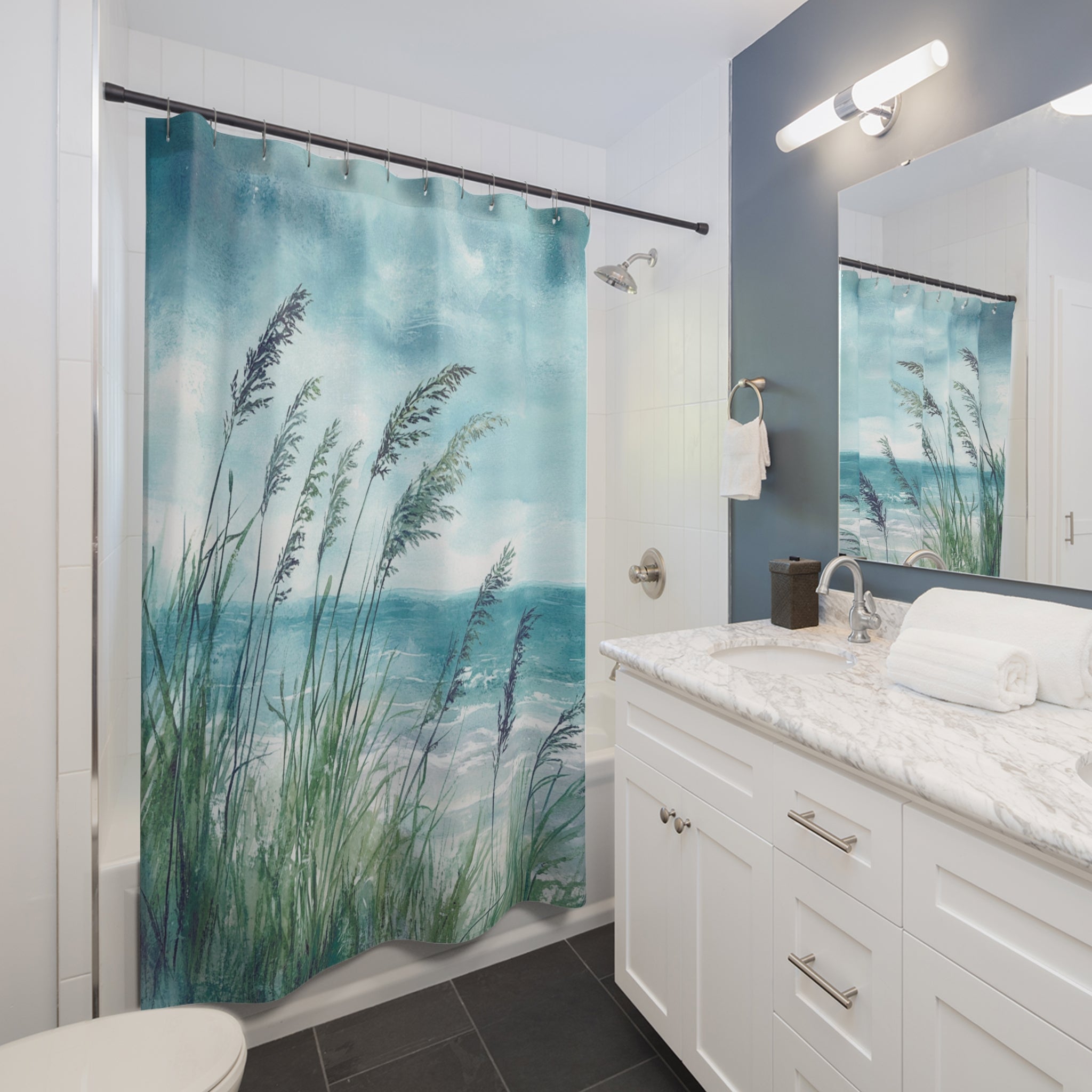 Boho Shower Curtain | Blue Sky Ocean, Green Wild Nature