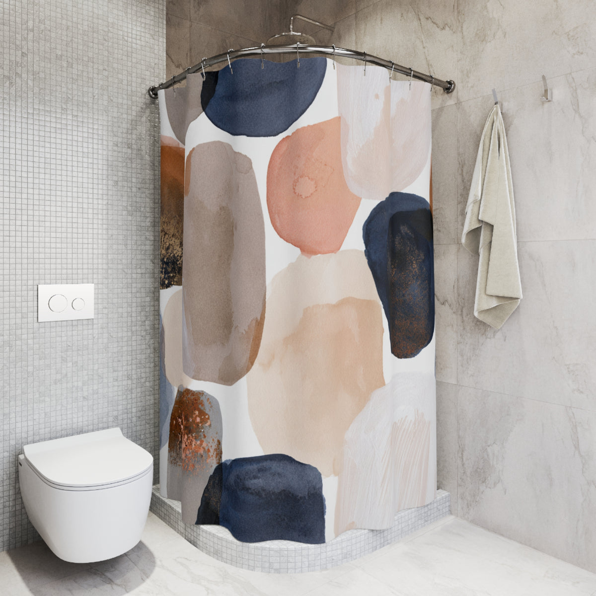 Navy Blush Abstract Pebble Shower Curtain, Bath Curtain 71x74