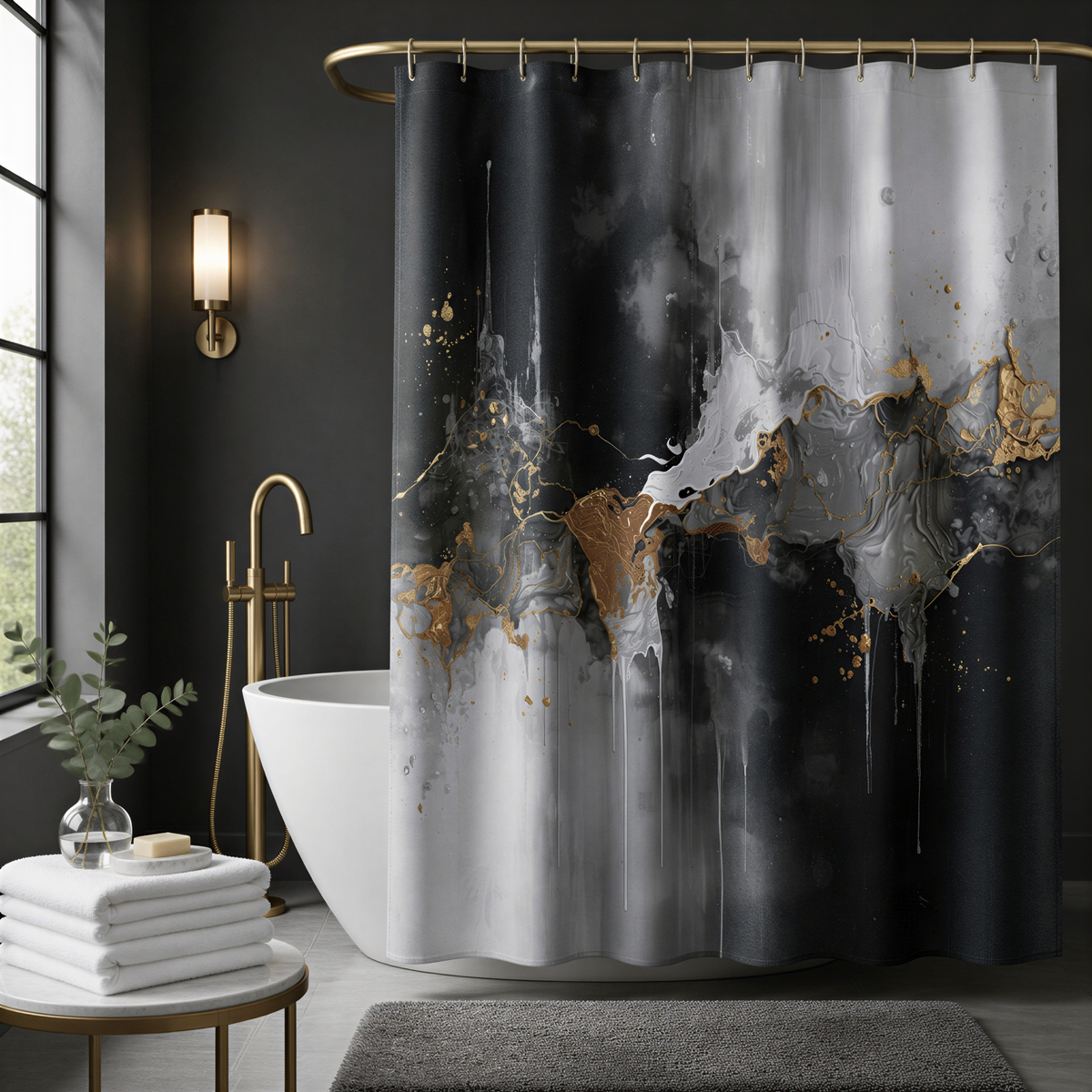 a luxurious bathroom with a large black and white abstract shower curtain featuring gold splashes. The bathroom is well-lit, with a white bathtub and a gold faucet. A stack of white towels is neatly arranged on a small table next to the bathtub.