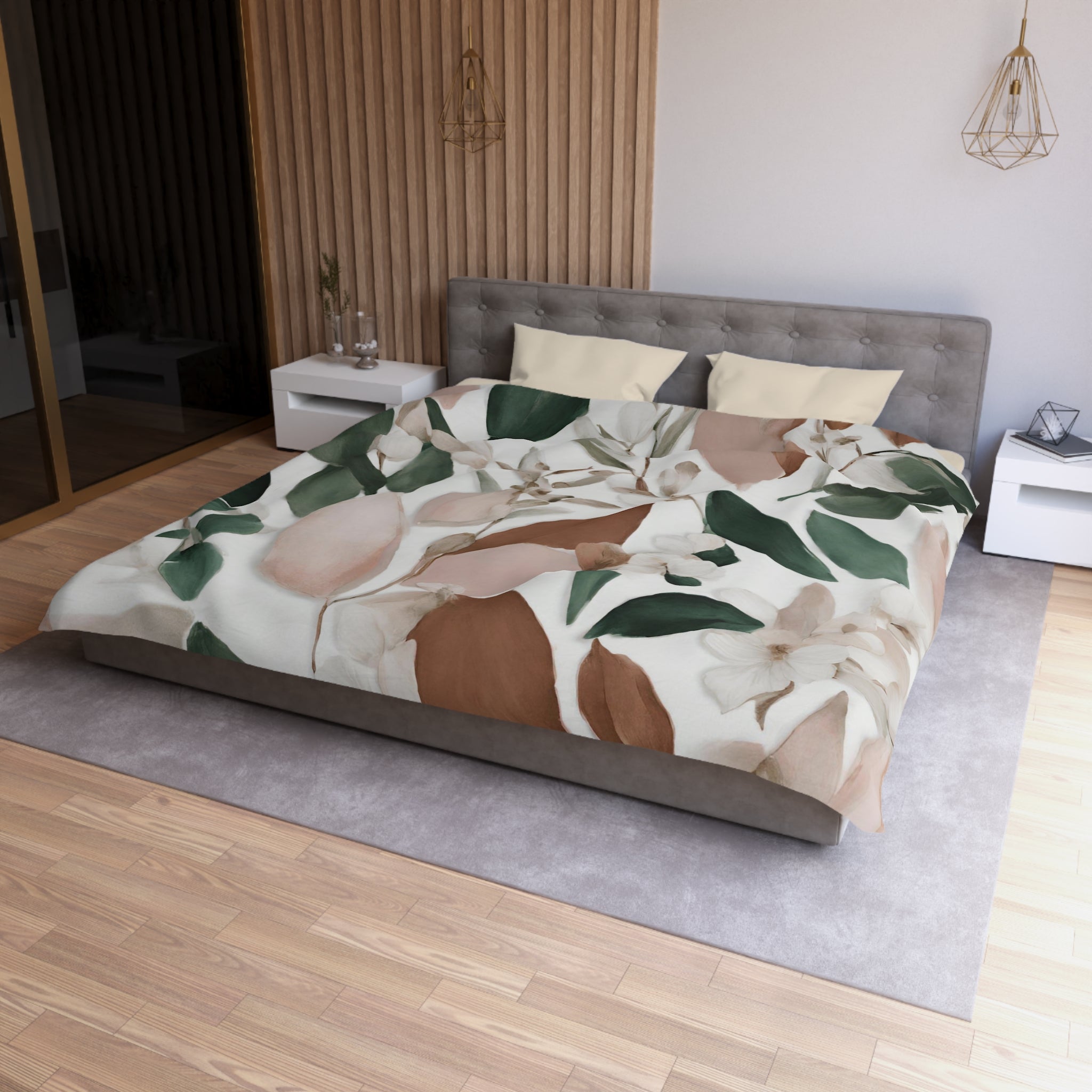 Floral Duvet Cover | White, Green, Rust Ivory, Blush Pink Leaves | Bedroom Decor