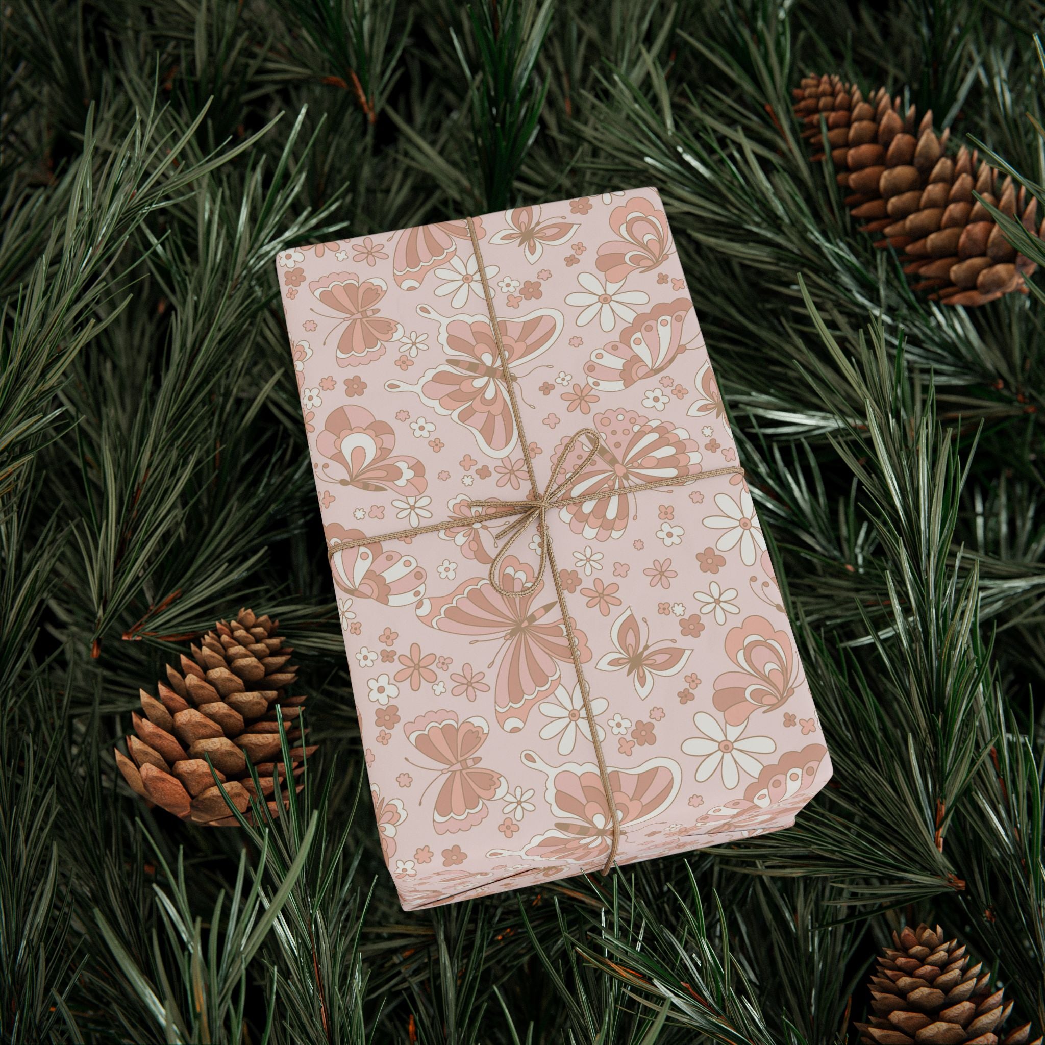 Retro Butterflies Wrapping Paper, Blush Pink Botanical Gift Wrapping for the Holidays, Birthdays
