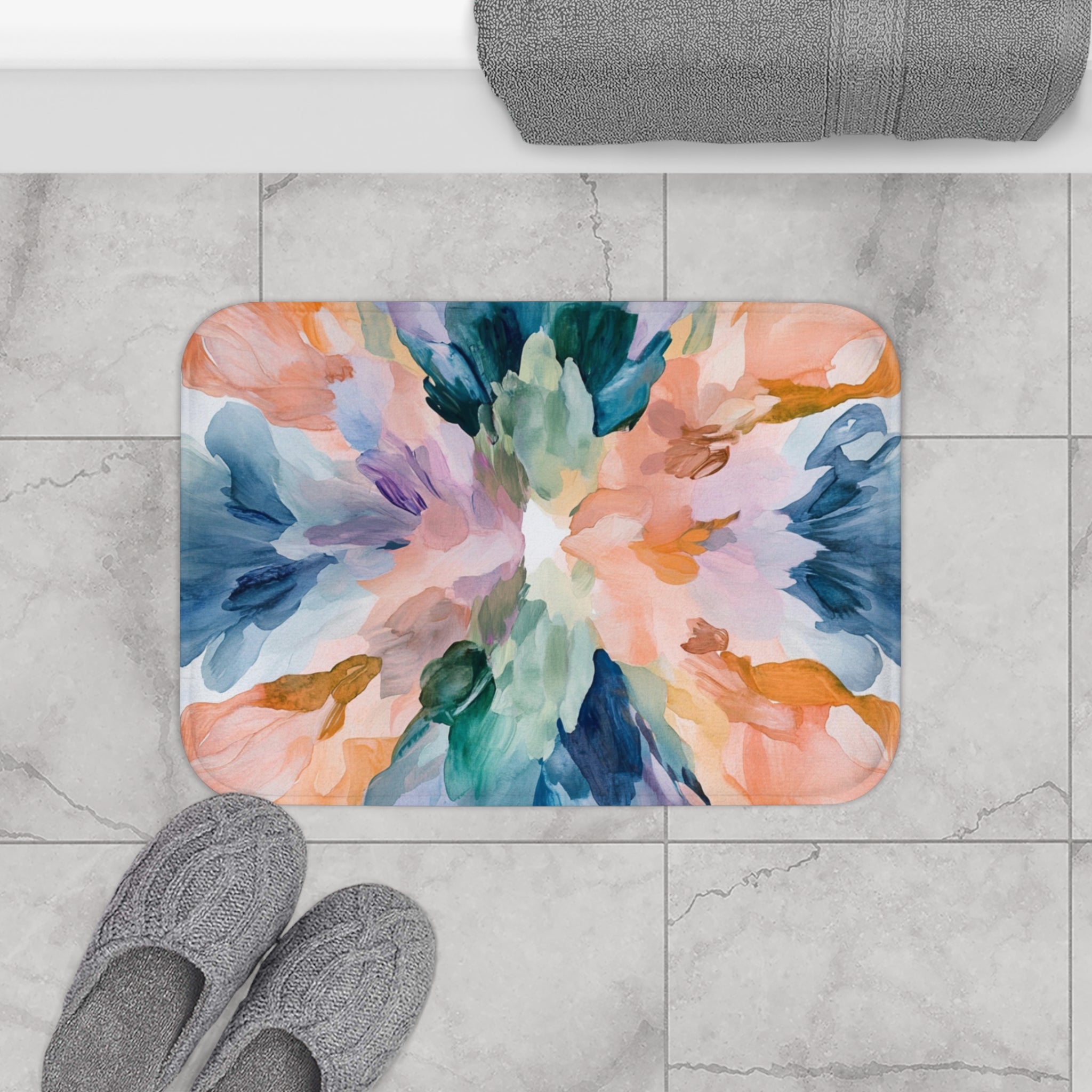 Colorful Bath Mat | Abstract Art, Peach Blush Green Blue White Kitchen Mat