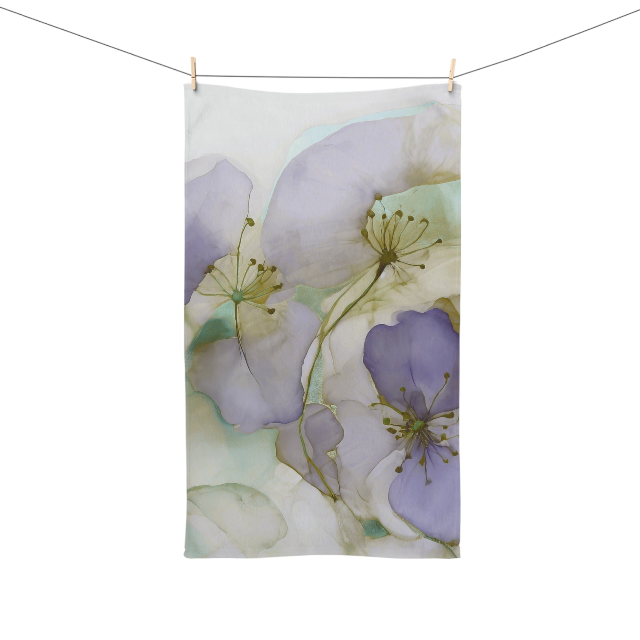 Abstract Kitchen, Hand Towel | Artsy Floral Lavender Purple, Sage Green Towel