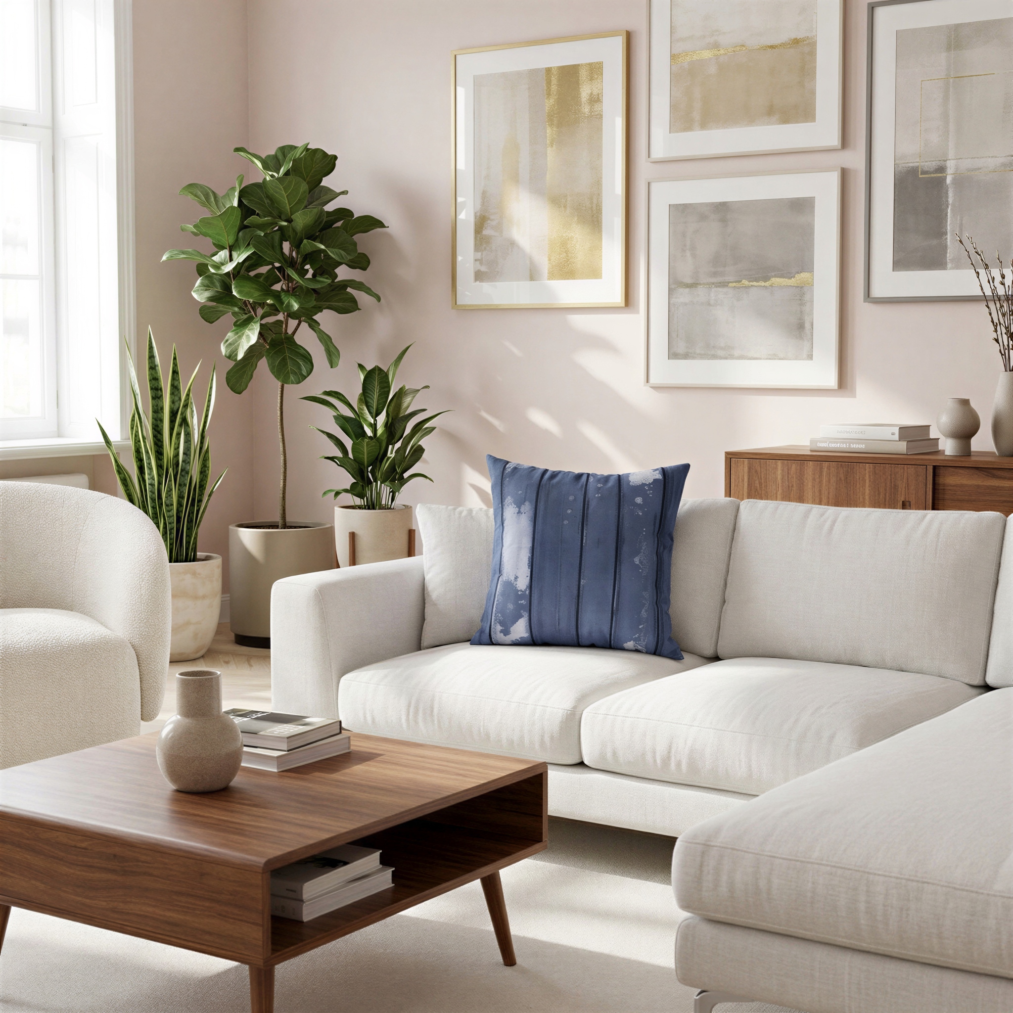 a well-decorated living room with a white sofa, a wooden coffee table, and various plants and artwork on the walls.