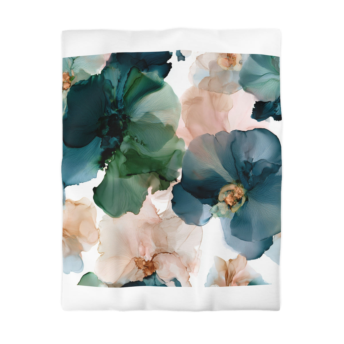 a white sheet with blue and pink flowers on it