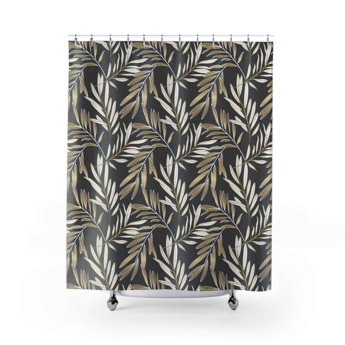 a shower curtain with a repeating pattern of black and gold leaves on a white background.