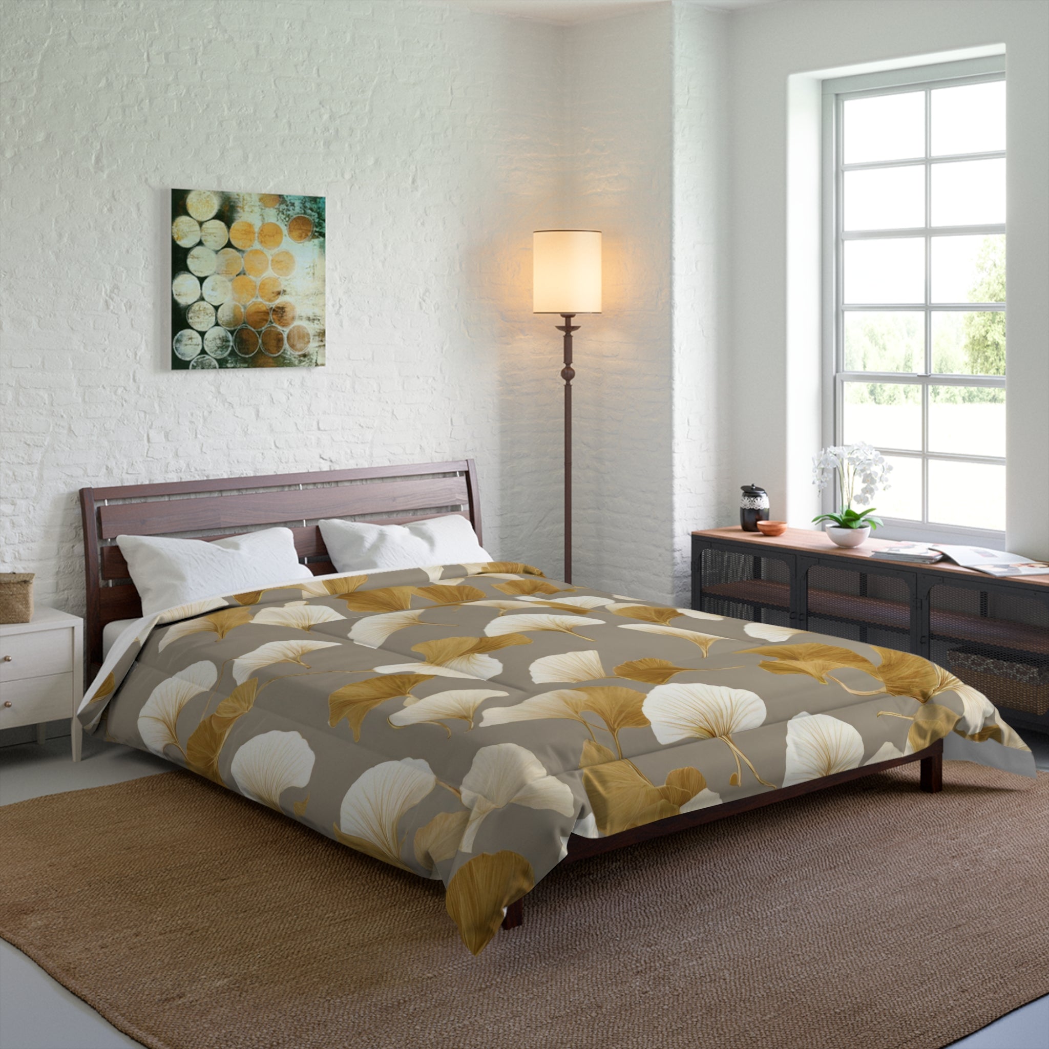 Floral Comforter | Taupe, Gold, Ivory Beige, Gingko Leaves