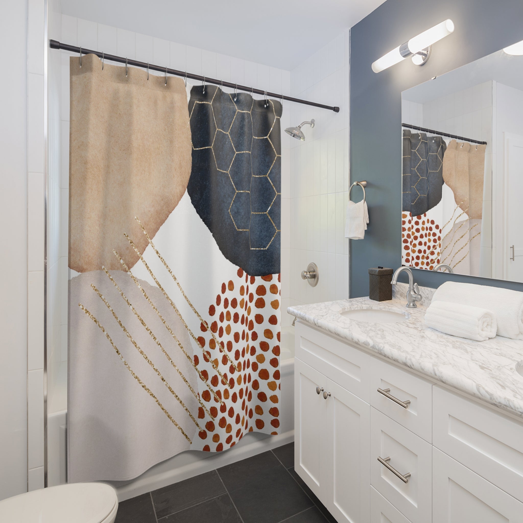 Boho Abstract Shower Curtain | Navy Blue, Beige White