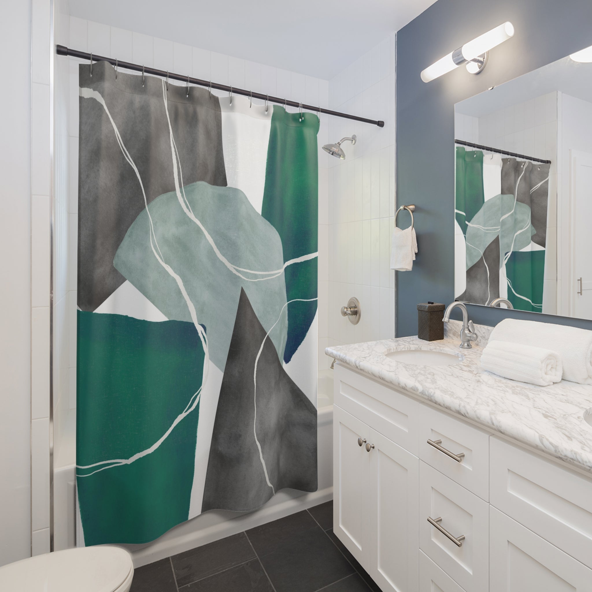 Modern Abstract Art Shower Curtain | Colorful Sea Green, Light Blue Grey White