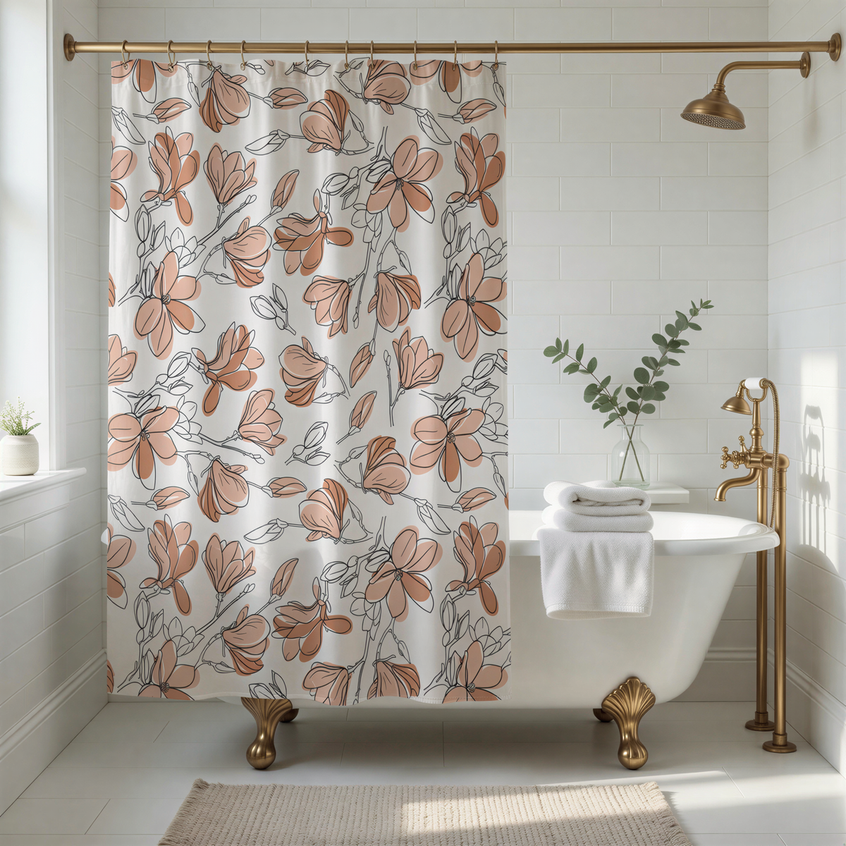 a bathroom with a white bathtub, a shower curtain with a floral pattern, and a gold-colored shower head. The bathroom has white tiles and a window, creating a clean and elegant atmosphere.
