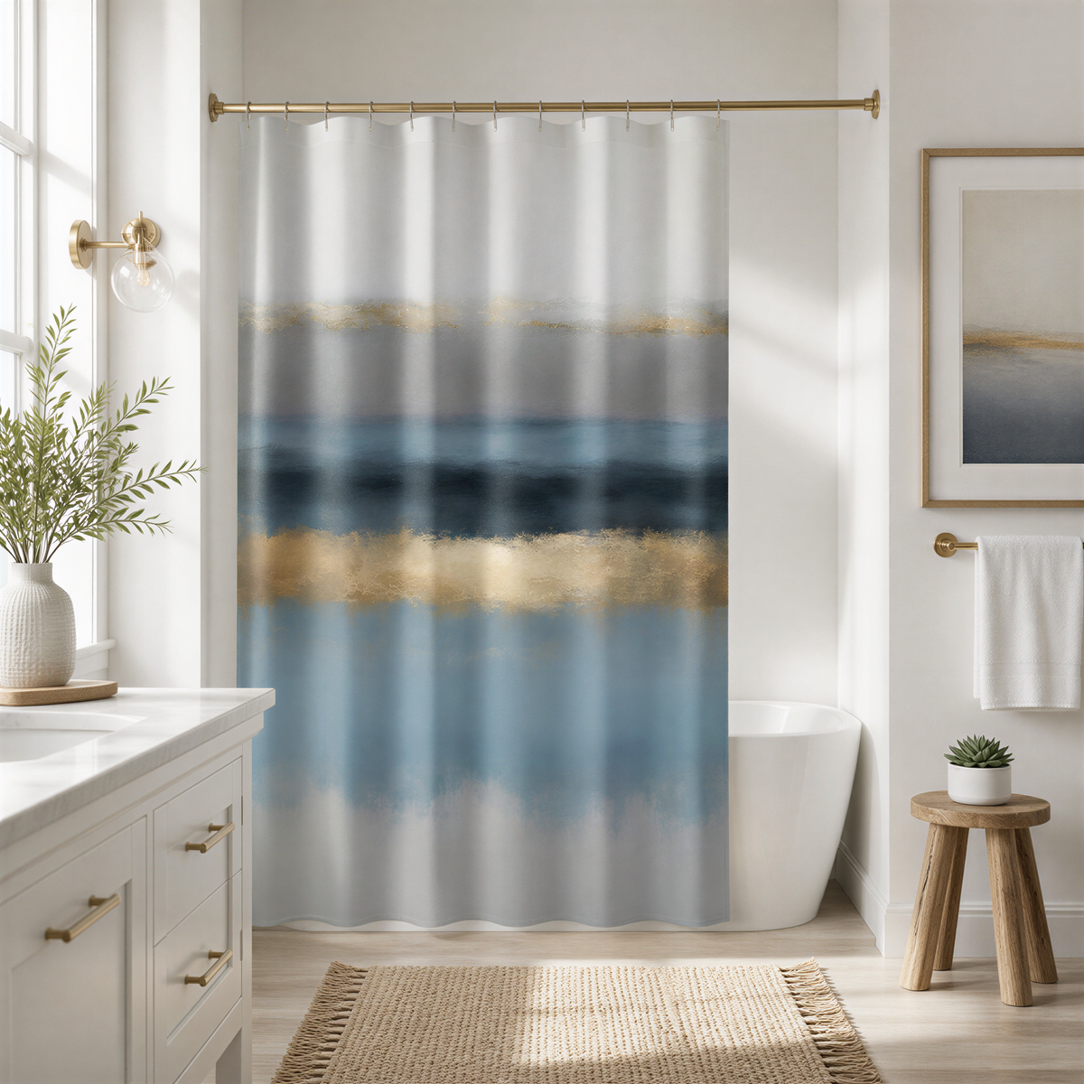 a modern bathroom with a white vanity, a shower curtain featuring a blue and gold abstract design, and a framed artwork on the wall.