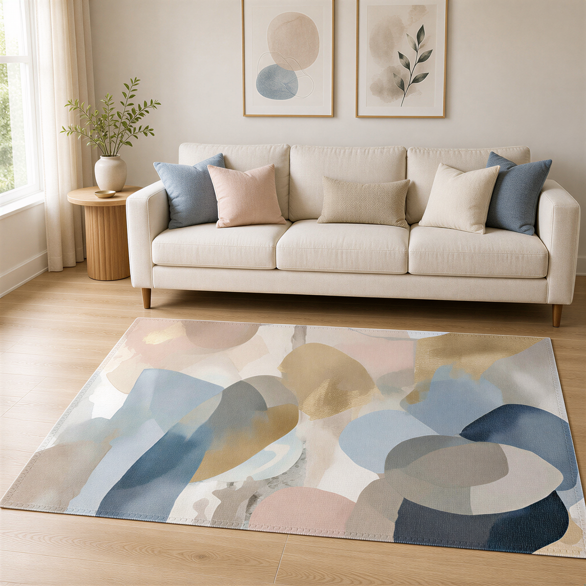a living room with a white sofa, a rug with abstract geometric patterns, and two framed artworks on the wall.