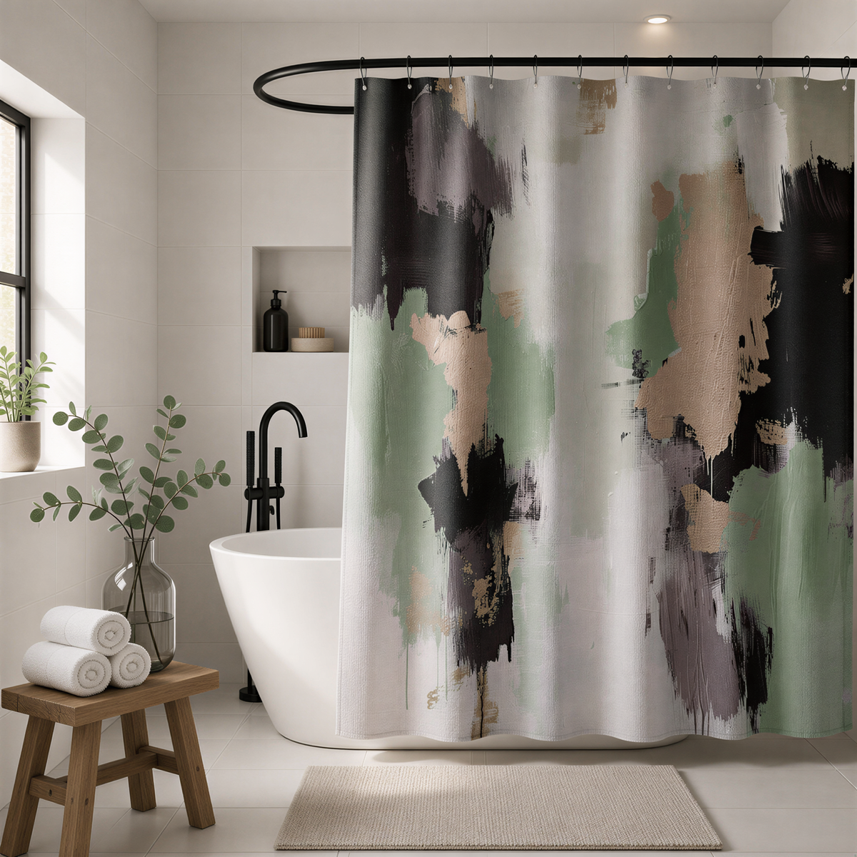 a modern bathroom with a white freestanding bathtub, a wooden stool, and a large abstract shower curtain with a mix of green, black, and brown colors.