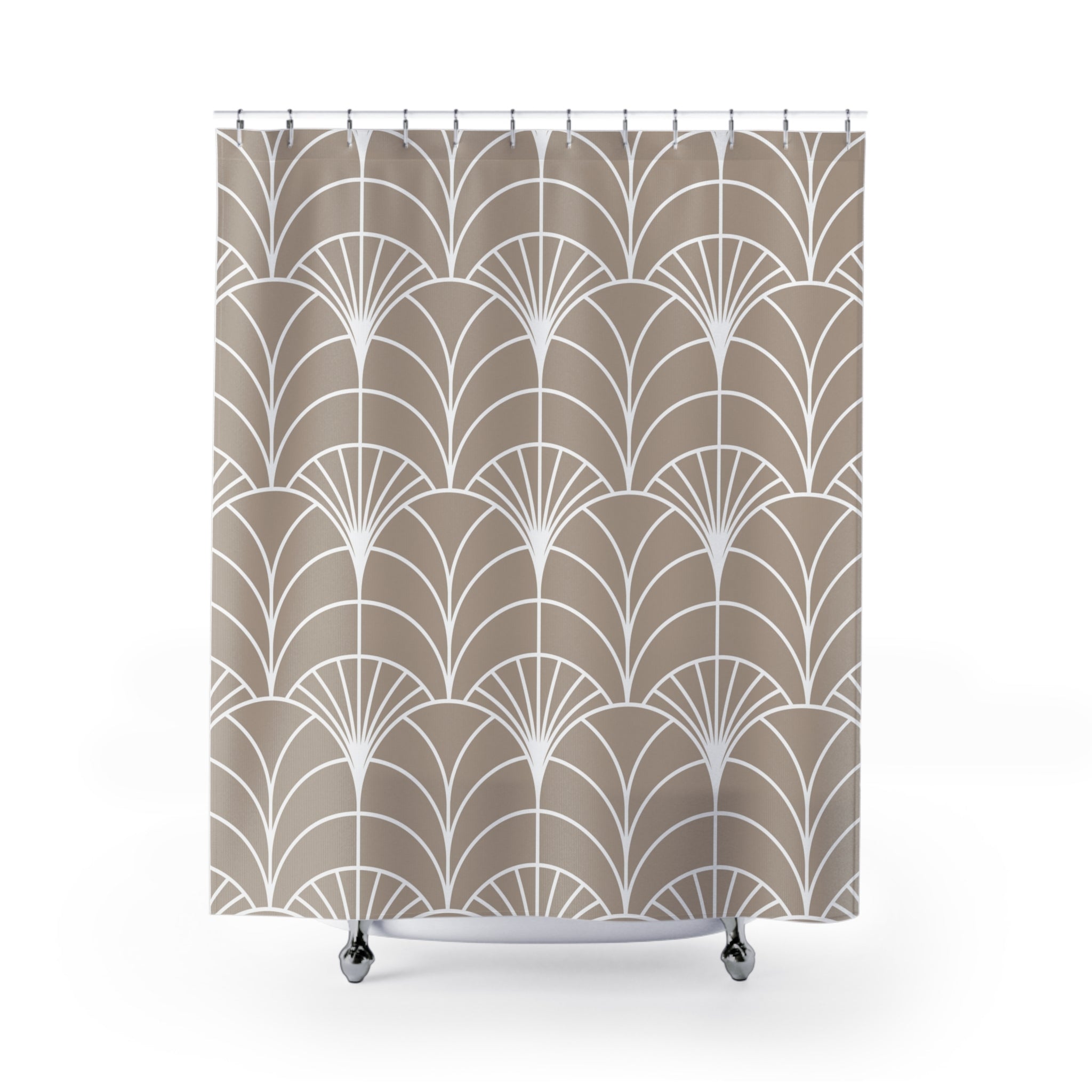a shower curtain with a fan pattern on it