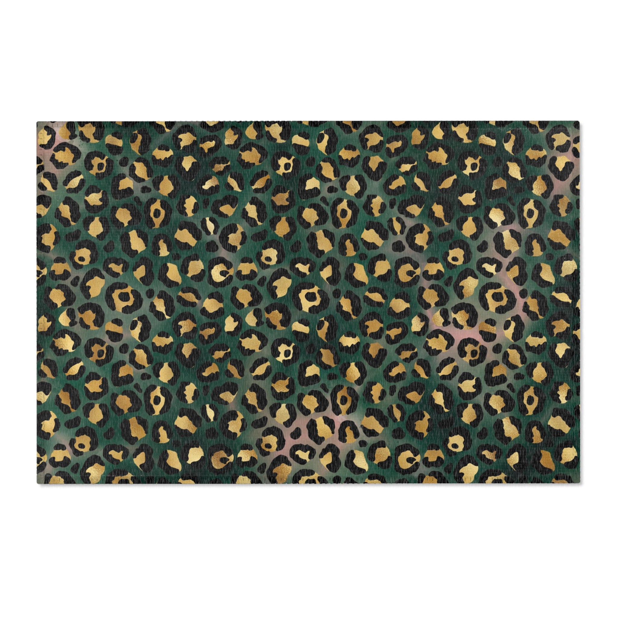 Dark forest green, black and beige leopard animal print large area rug
