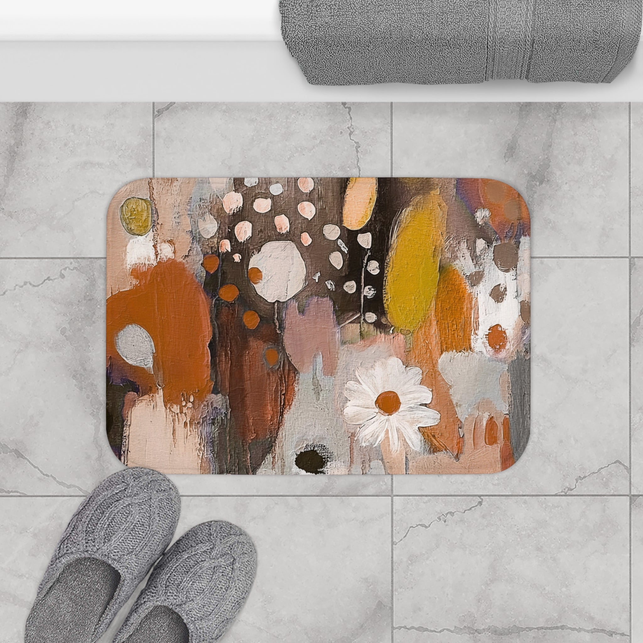 Abstract Bath Mat | Rustic Terracotta Orange Grey White Kitchen Mat